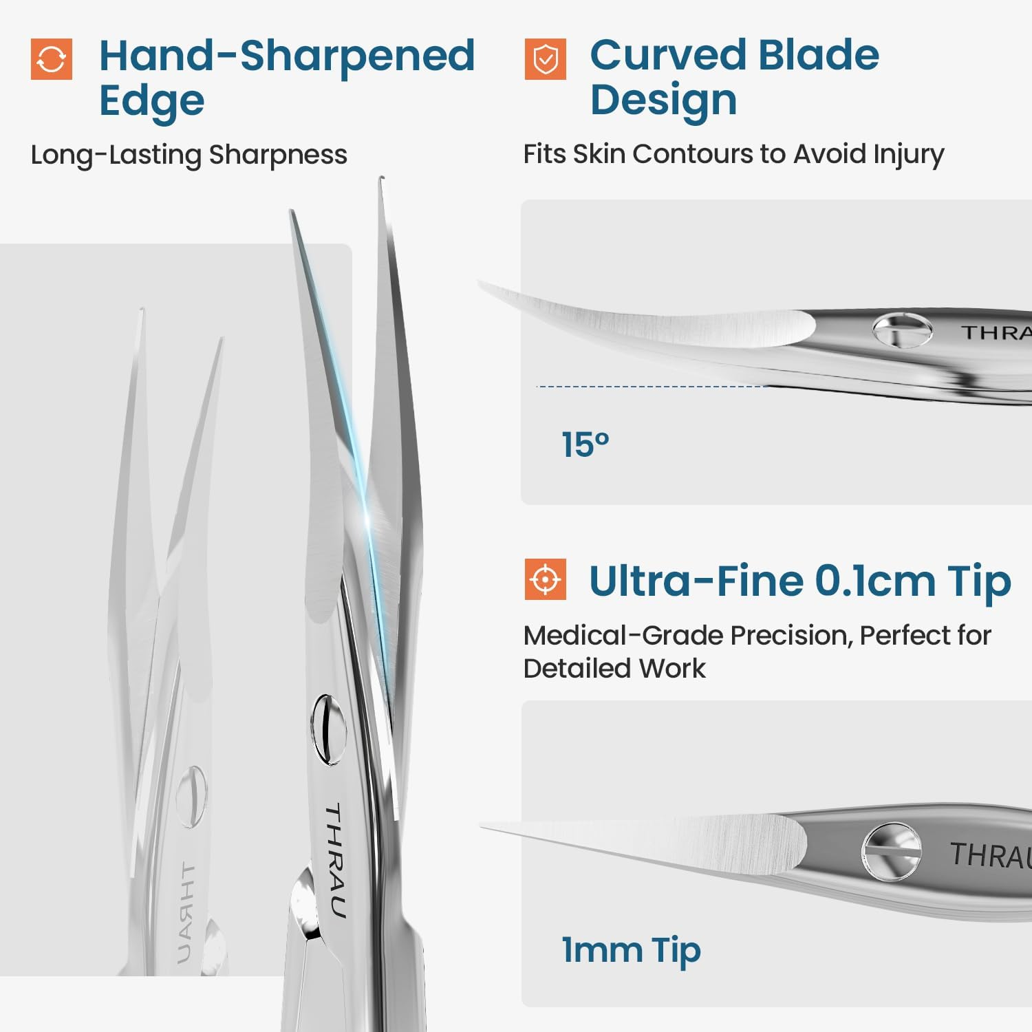 THRAU Right-Handed Cuticle Scissors &ndash; Surgical Grade Stainless Steel with Sharp Curved Tip for Cuticles, Nails, Eyebrows, Eyelashes, Nose Hair & Beard &ndash; Ideal for Manicure & Precise Grooming