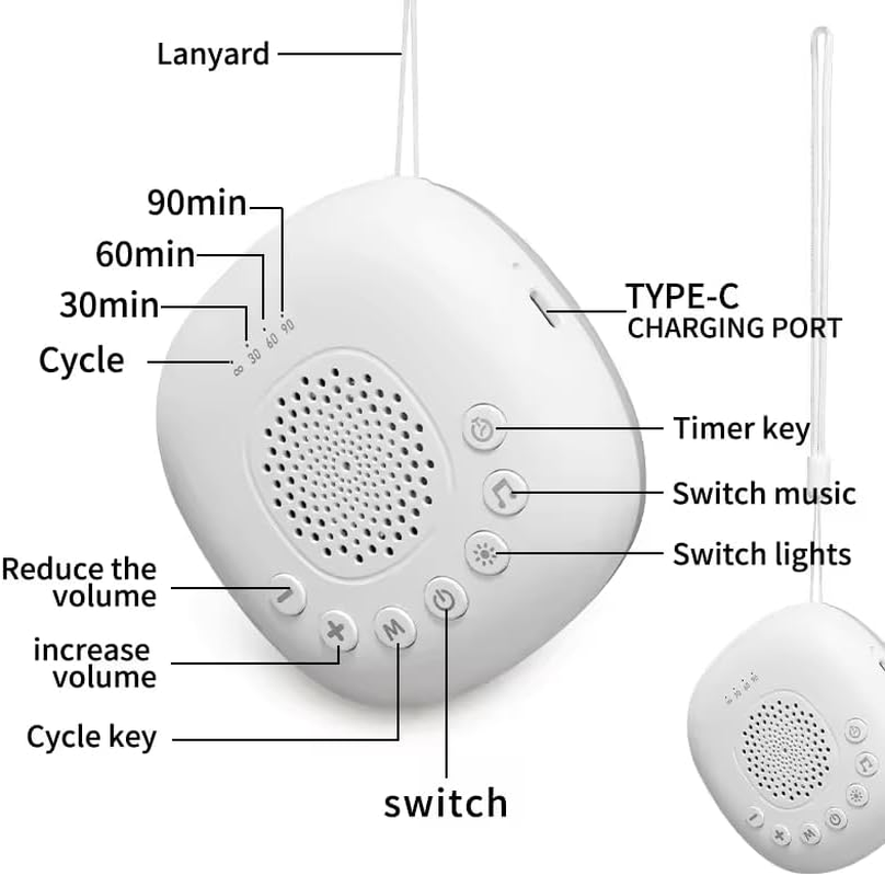 White Noise Machine, Portable Sound Machine for Baby Adult Sleeping, 20 Soothing Sounds White Noise Shush,8 Types of Lighting Night Lights, 30-60-90Min Timer, Bluetooth Connection image number 1