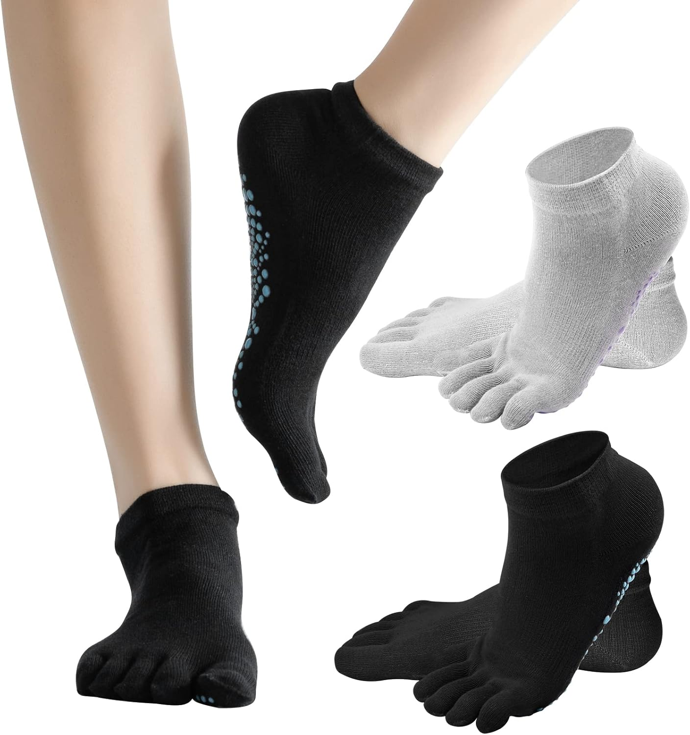 2 Pairs Anti-Slip Socks for Men and Women, Non-Slip Yoga Socks with Toes, Non-Slip Sports Socks for Home, Cotton Toe Socks for Pilates Barre Dance Hospital, Black + Gray image number 4