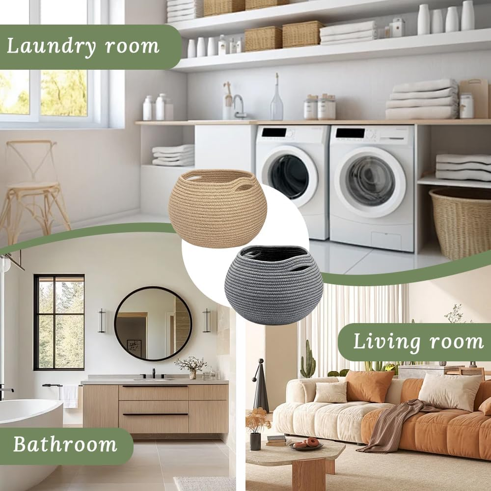 2-Pack round Cotton Rope Basket, Woven Dog Cat Toy Storage Box, Toy Storage Basket, Can Be Used to Store Toys, Clothes, Towels, Suitable for Nursery, Laundry, Bedroom, Bathroom, Closet Organization image number 4