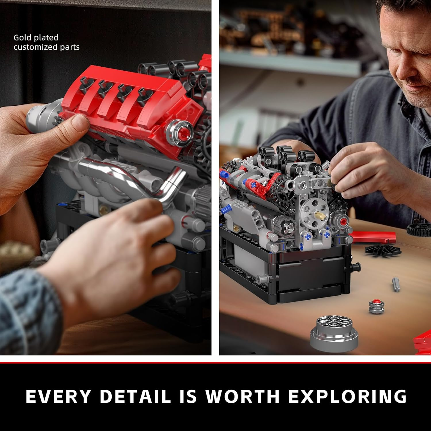 Mould King 10204 V8 Engine Building Blocks Sets, V8 Engine Model Kit That Run, Build Your Own STEM Model Mini Engine, 8-Cylinder FE Car Engine Building Engineering Toys for Kids/Adults(750+Pcs) image number 5