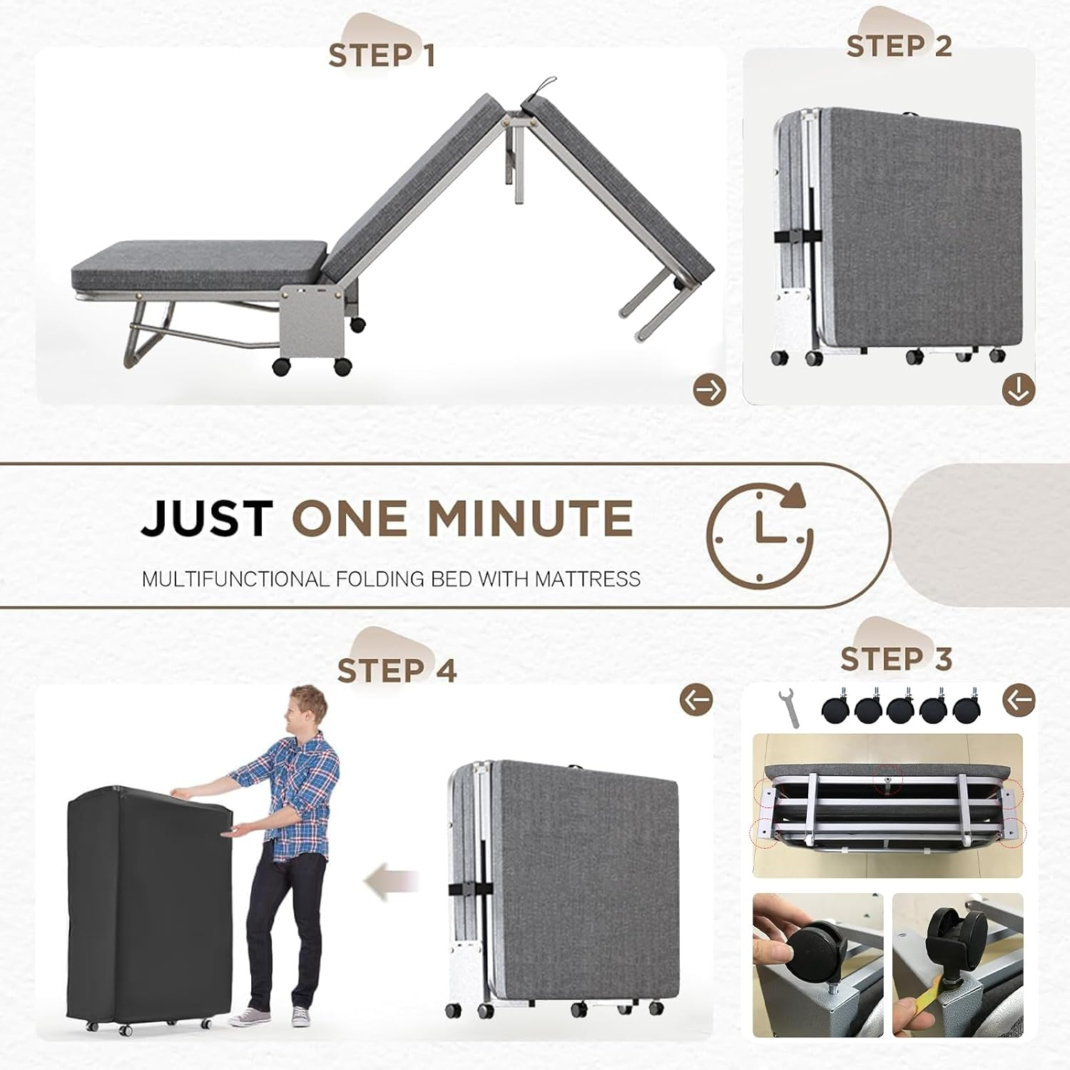 LIODUX 3-Folding Bed with Mattress, Office Portable Foldable Bed, Roll Away Beds Guest Bed on Wheels, with Memory Foam Mattress & Reinforced Frame, Space Saving Office Bed (100 X 180CM) image number 2