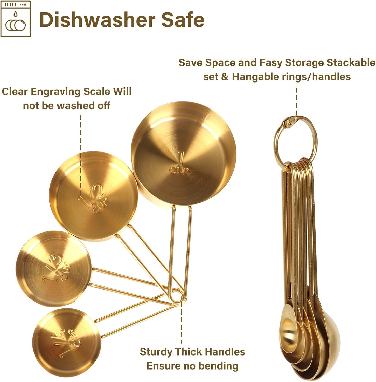 Gold Stainless Steel Measuring Cups and Spoons Set of 9, Premium Gold Kitchen Gadgets,4 Measure Cups and 5 Magnetic Measuring Spoons Set,2 Leveler for Liquid and Dry Ingredients Baking Cooking image number 5