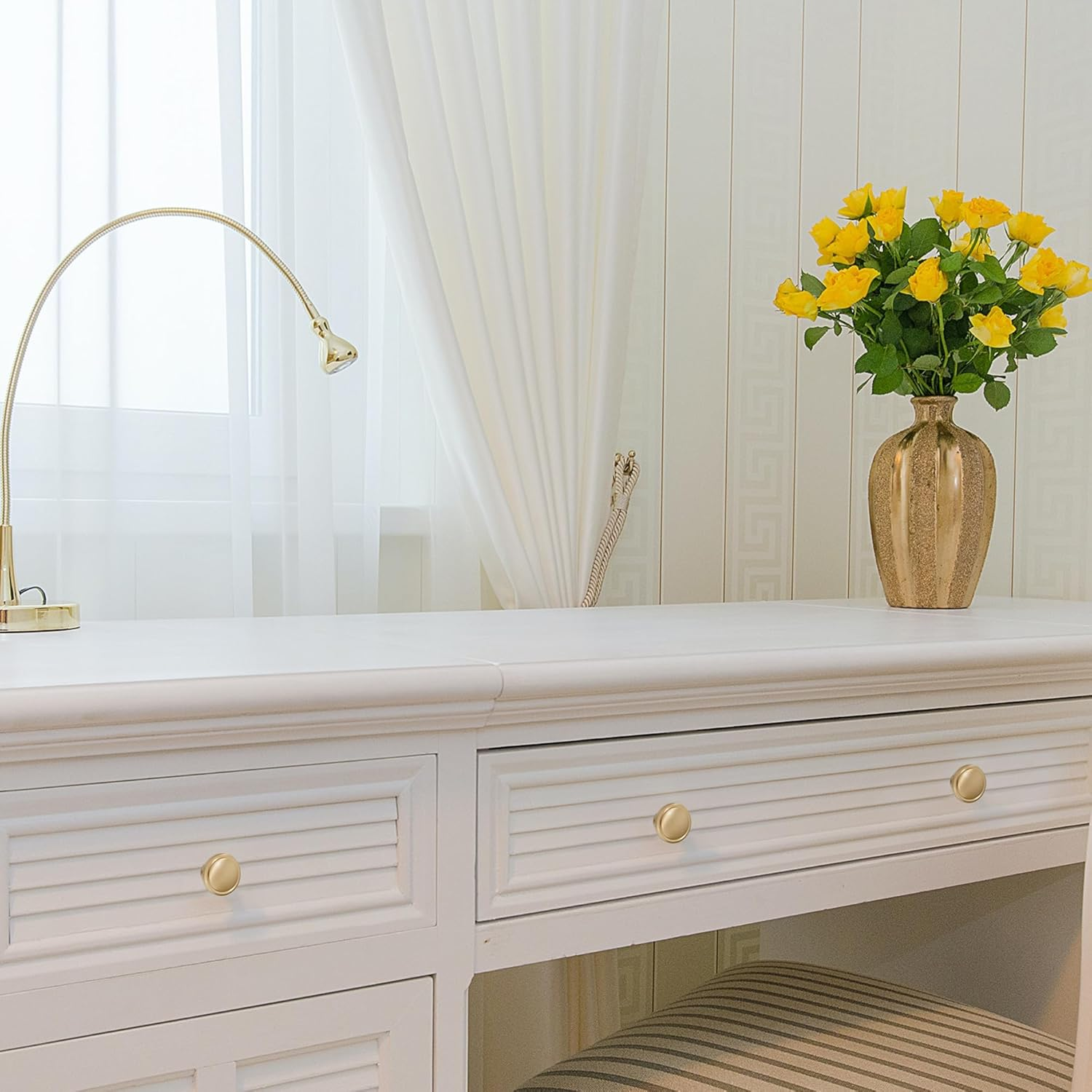 KOPPALIVE 20-Pack Solid Brass Cabinet Knobs, round Gold Knobs for Dresser Drawers, Brushed Brass Dresser Drawer Pulls Handles, Hardware for Kitchen Cabinets, Diameter 1-1/4 Inch image number 6