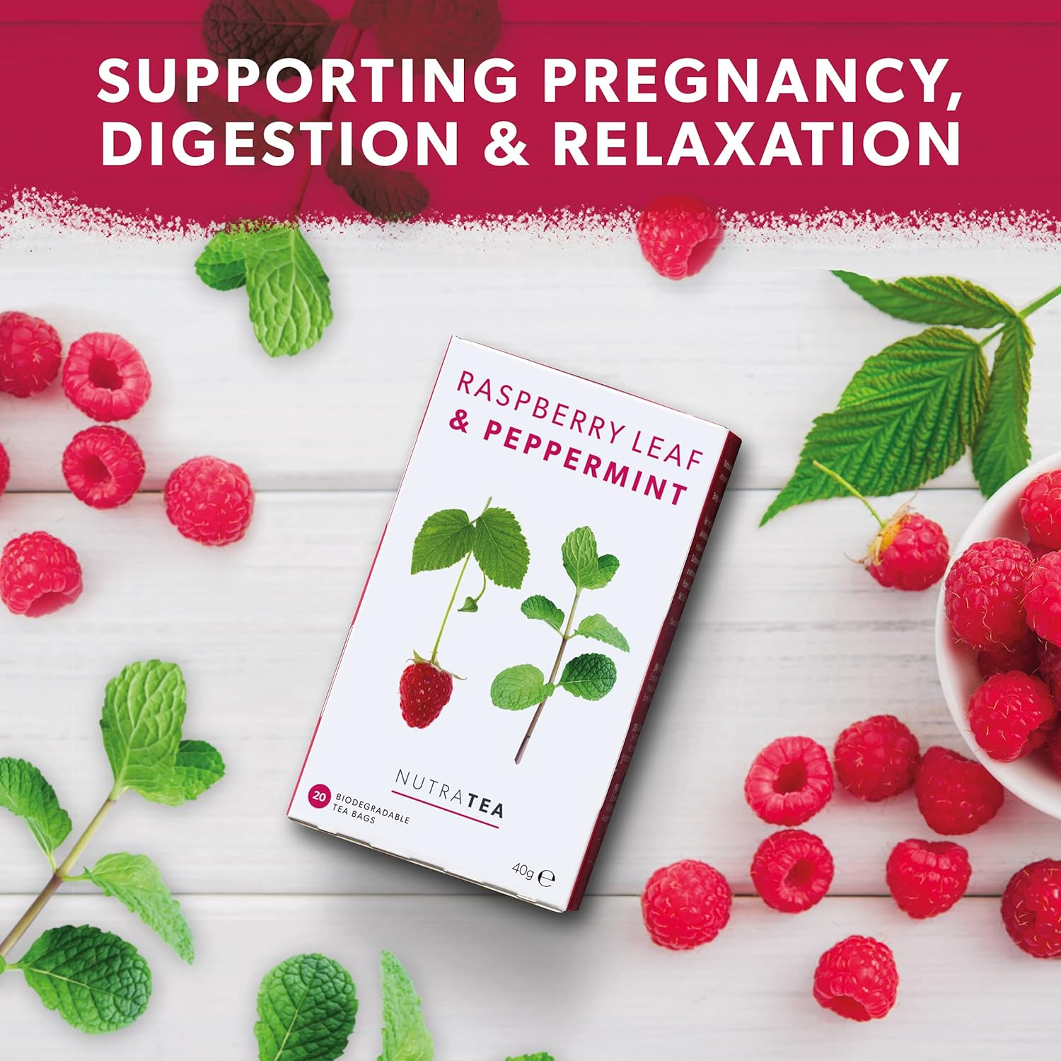 Nutra Tea - Raspberry Leaf & Peppermint Tea - Raspberry Leaf Tea for Pregnancy & Expectant Mothers - 40 Tea Bags - Herbal Tea - (2 Pack) image number 6