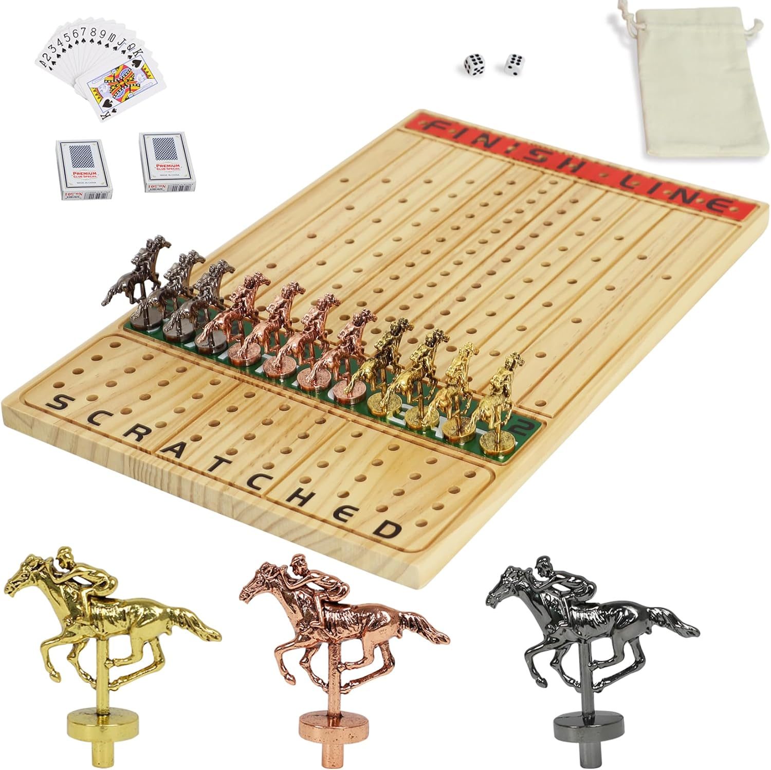 Horse Racing Board Game Solid Wood with 11 Luxury Metal Horses Thickened Pine Finish LINE Race Game Chessboard Including 2 Sets of Dice and 2 Boxes of Cards(Log Color) image number 4