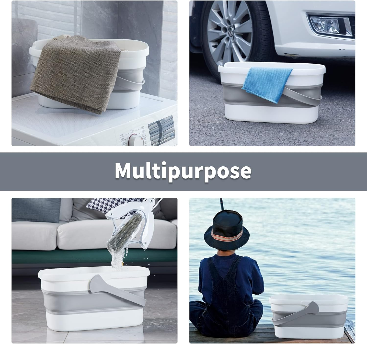 BOOMJOY Collapsible Rectangular Bucket, 14L, Blue, Plastic, Fishing, Camping, Window Washing, Laundry - Navy-12L image number 6