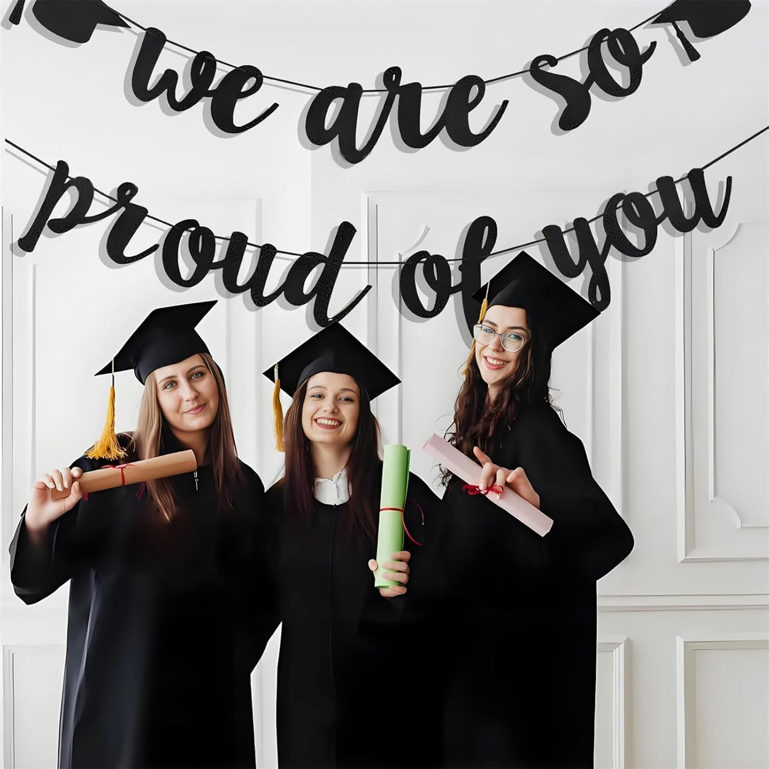 Graduation Banners Party Decorations, Black Glitter We Are so Proud of You Graduation Banners Garland for School Home Car Decorations image number 5