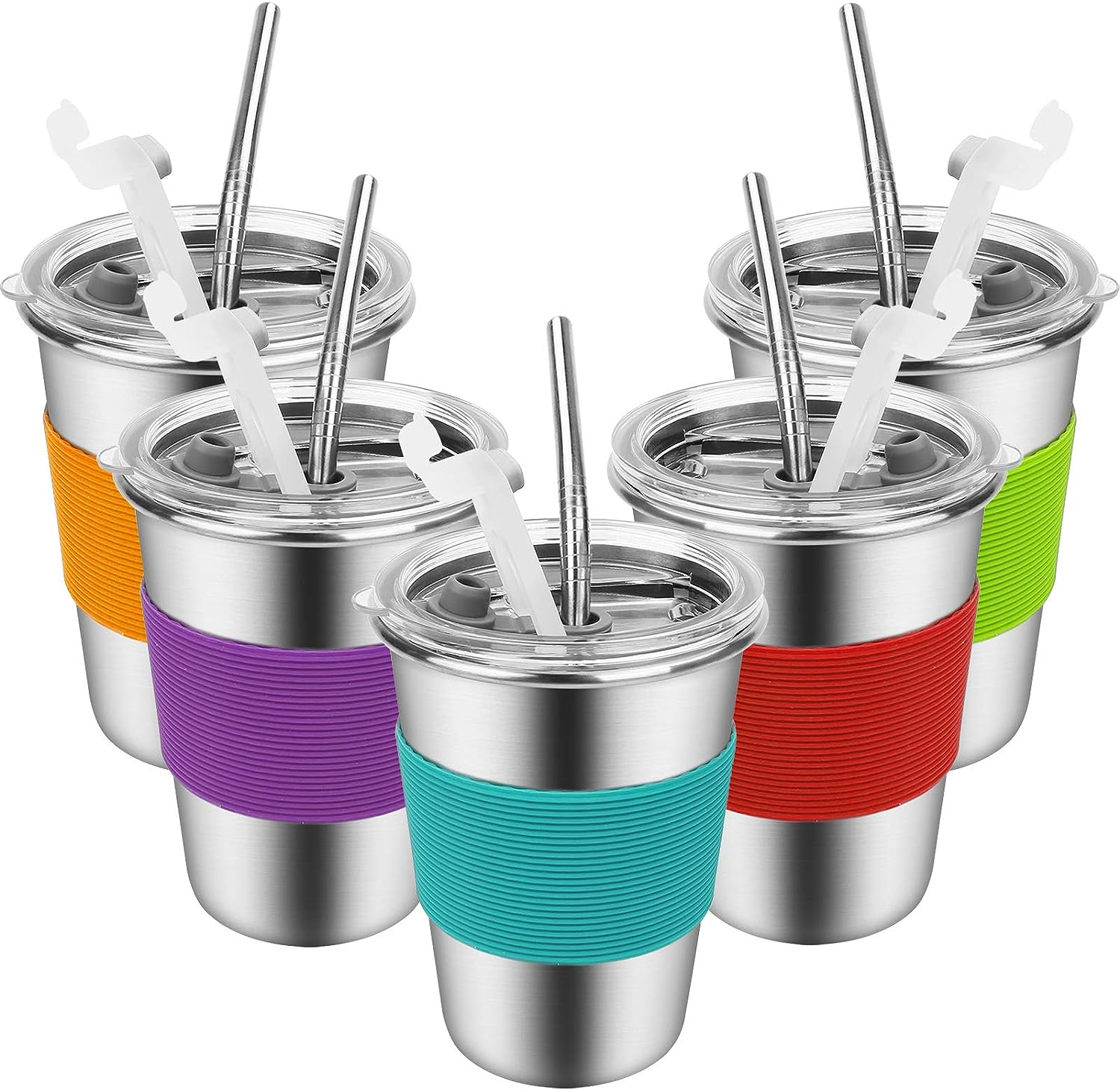 Kids Drinking Cups with Straws and Lids,Spill-Proof Stainless Steel Tumblers for Kids Dishwasher Safe, Unbreakable Metal Toddler Cups with Heat-Insulated Sleeves for Cold and Hot Drinks.5 Pack 12Oz image number 5