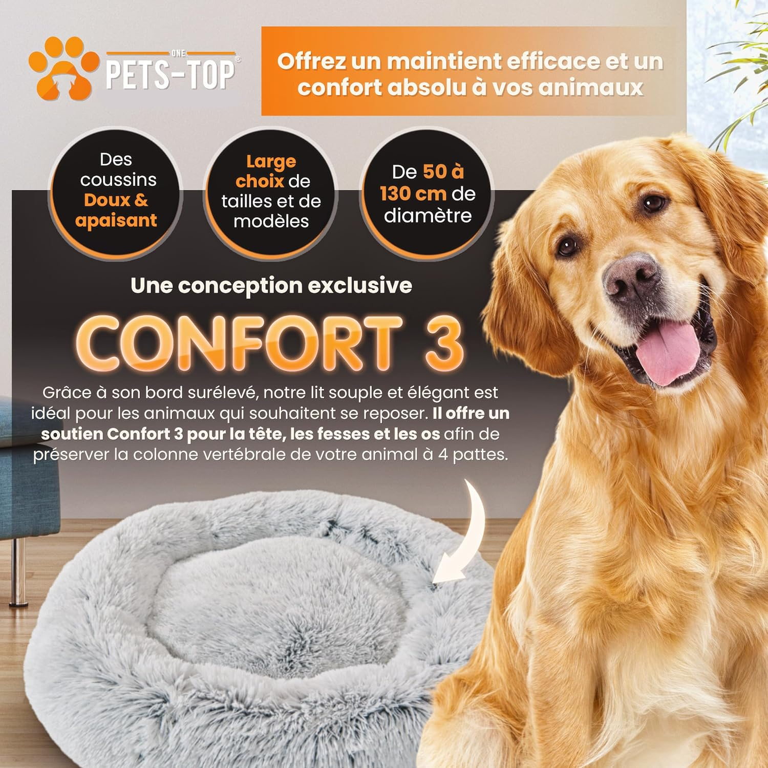 One PETS-TOP&reg; Dog Bed Medium Dogs [With Washable Cover] - Dog Basket, Cat Bed, Sleeping Places & Furniture for Dogs Long Dog Basket, Dog Bed, 80 Cm Diameter, Pearl Grey image number 3
