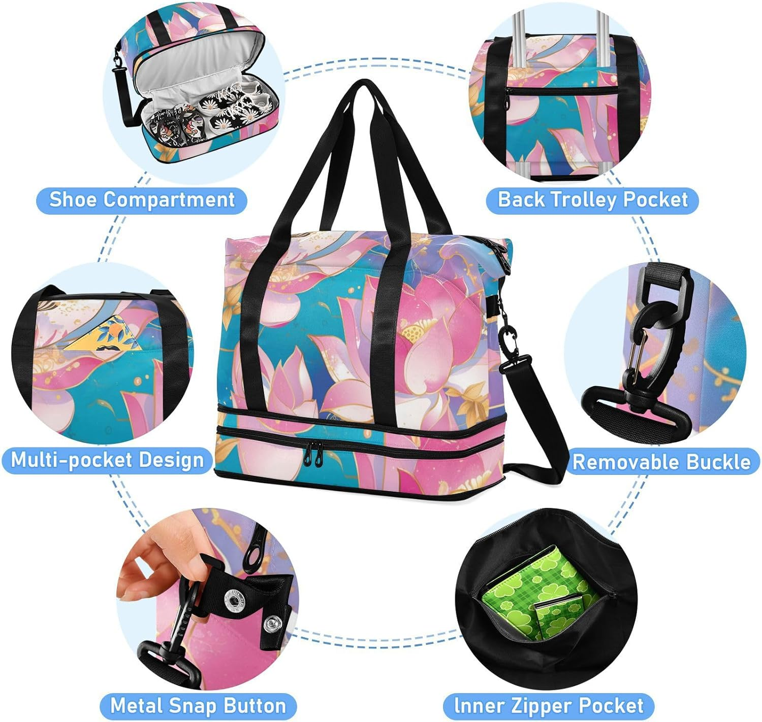 Rose Gold Flower Tote Bag Travel Weekender Gear Bag with Toiletry Bag for Travel Foldable, Rose Gold Flower, 1 Size image number 2