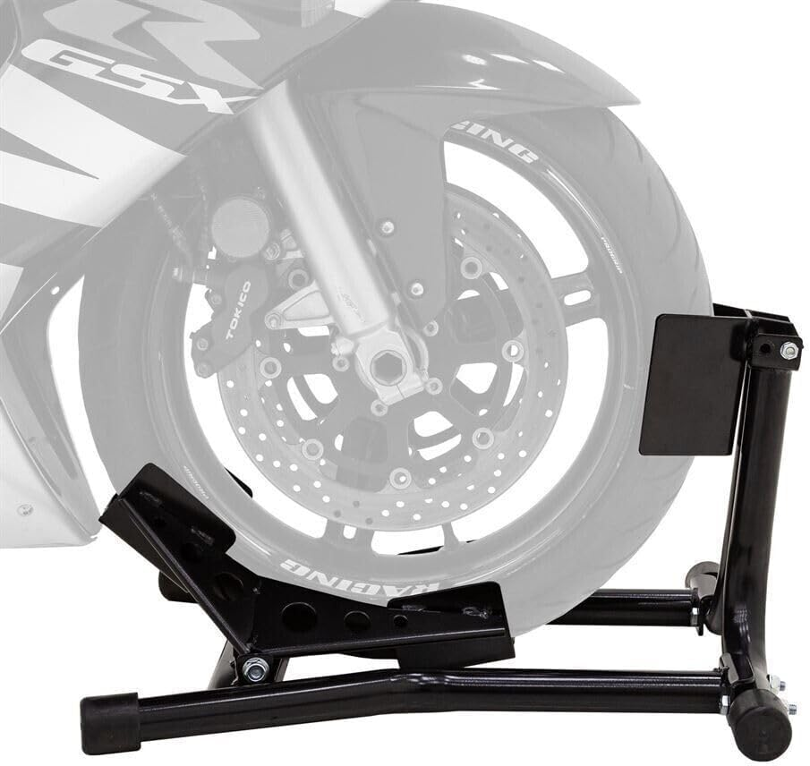 TDR Heavy Duty Steel Motorbike Front Stand Adjustable Wheel Chock Paddock Lock Storage 680Kg Capacity Fits 16 to 19 Inch Motorcycle Tires image number 3