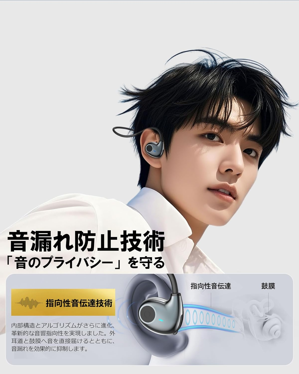 Echlife J077 A805 Ultra Lightweight 13G Open Ear Earphones, Air Conduction, Non-Blocking, Bluetooth 5.3 AAC ENC Call Noise Canceling, Wireless Earphones, Comfortable Fit, Built-In, White - White image number 2
