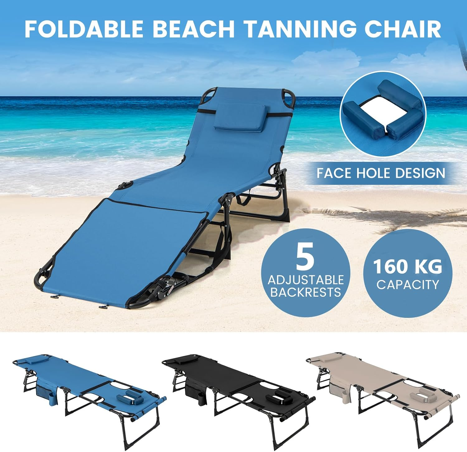 Costway Folding Convertible Camping Lounger W/Face Hole & Pillows & Storage Pocket, 5-Position Adjustable Backrest, Portable Camping Cot Bed Recliner for Beach, Camping, Patio (Blue) image number 6