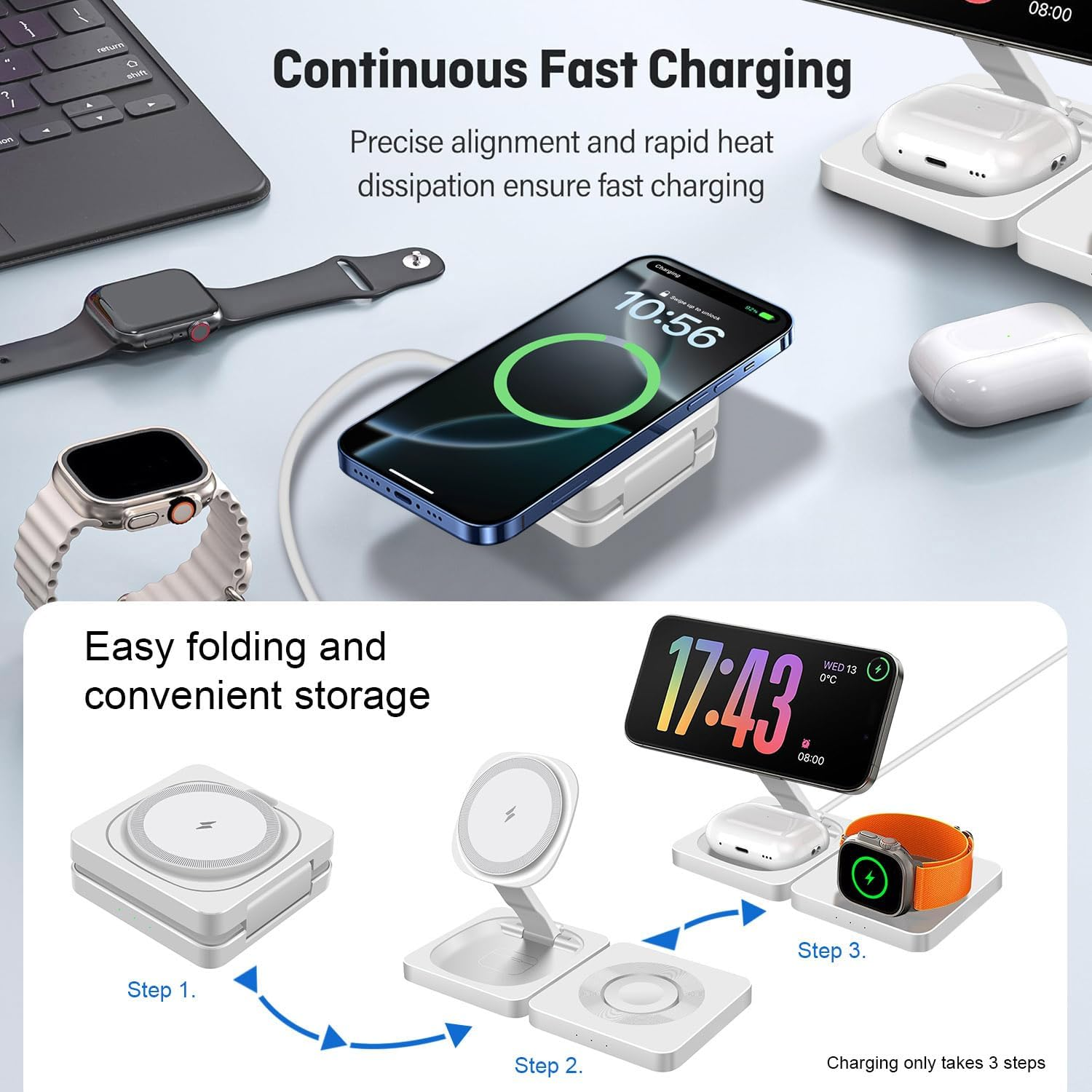3In1 Wireless Charger Station Portable Travel Charger Wireless Charger Pad Magnetic Charger Stand for Iphone 17 16 15 14 13 12,Iwatch 11/Ultra3/10/Ultra 2/9/Ultra/8/Se2/7/6/Se/5/4/3/2,Pods4/Pro/3/2 image number 5