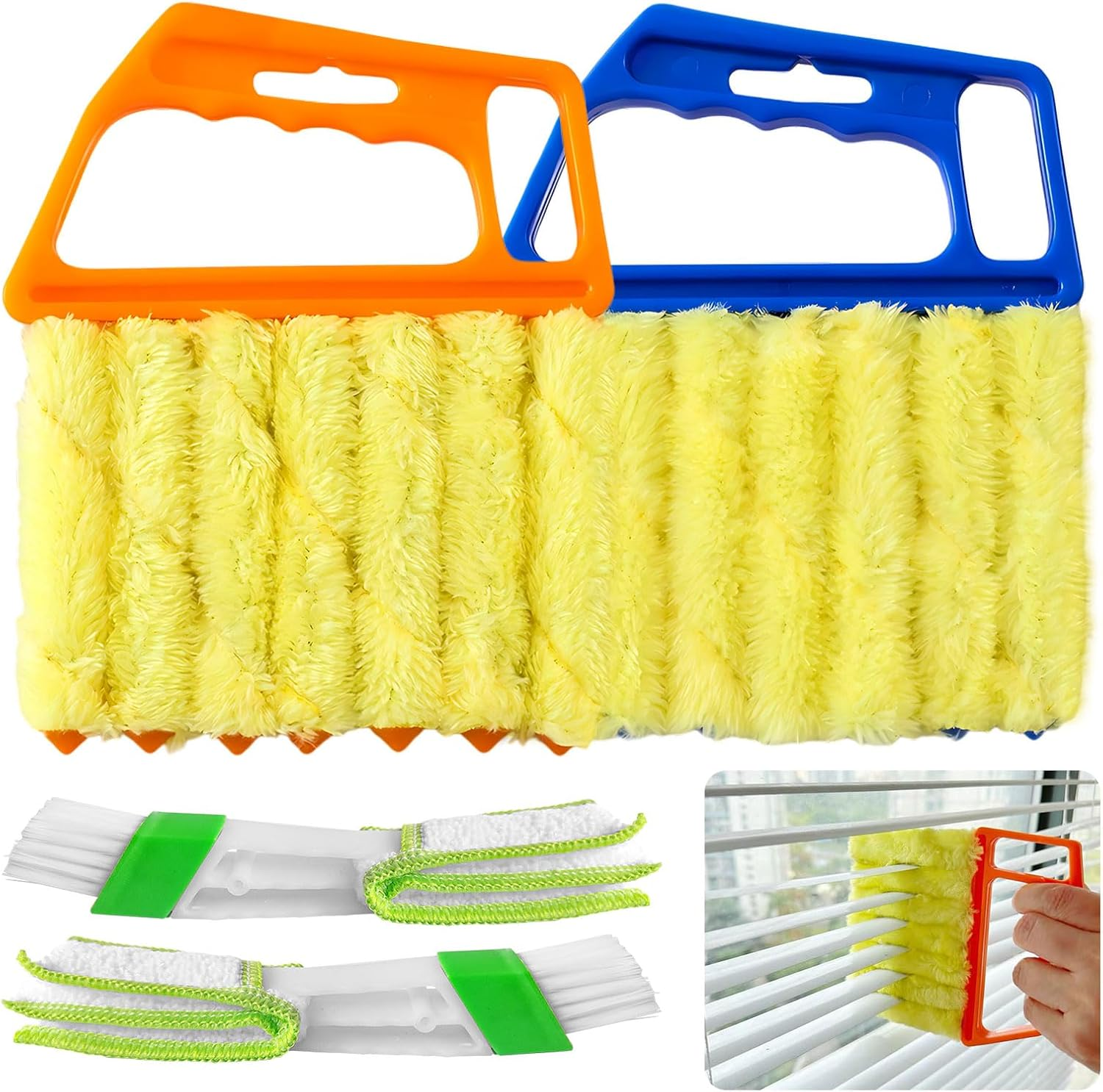 HAOHOMIO 4Pcs Blind Cleaner Duster Tool Set with 7-Finger & 3-Finger Brushes，Washable Multi-Surface Dusting Kit for Wood Blinds, Venetian Blinds, AC Vents, Car Vents, Shutters & Fans (Yellow+Green)