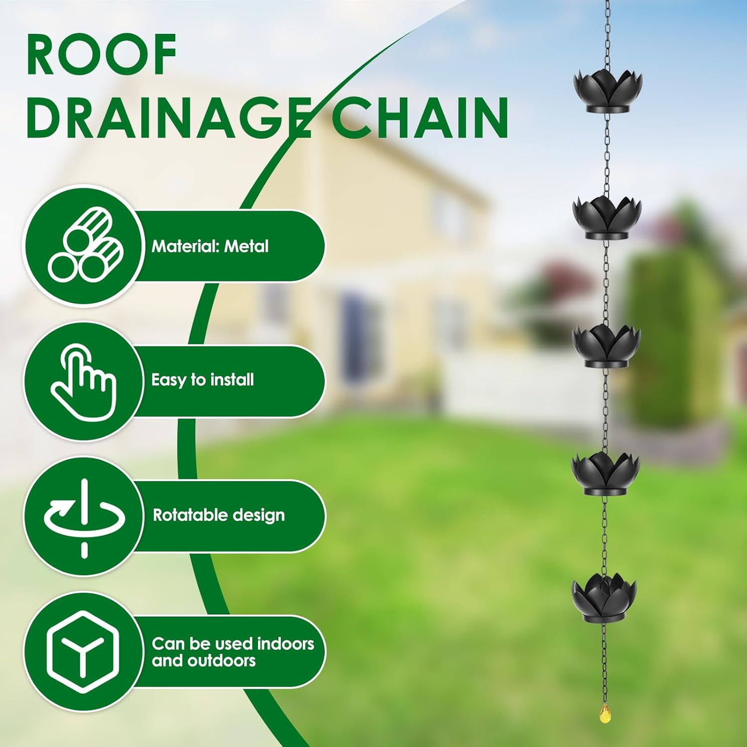 Rdjeokf Metal Rain Chain Replacement, with S Hook Adjustable Length, Imitation Water Lily Rain Chain, Premium Rain Chains for Gutters image number 4