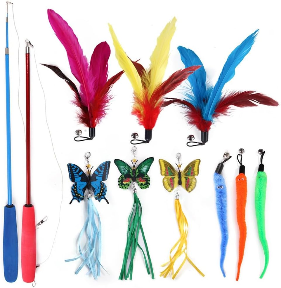 Cat Feather Toy, Retractable Cat Toys Wand, 2 Wands & 9 Replacement Butterfly and Caterpillar Refills, Interactive Feather Teaser Toy Cat Having Fun Exerciser Playing image number 1