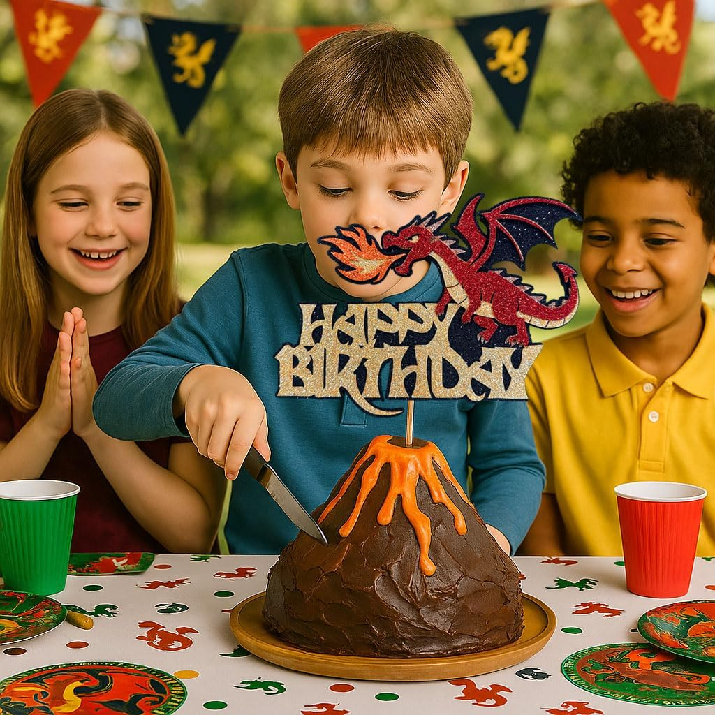 Confetti! Multilayer Glitter Dragon Cake Topper &ndash; Red, Gold & Black Fire-Breathing Decoration | Handmade 7"X5" Fantasy Party Pick for Kids Birthday & Baby Shower image number 4