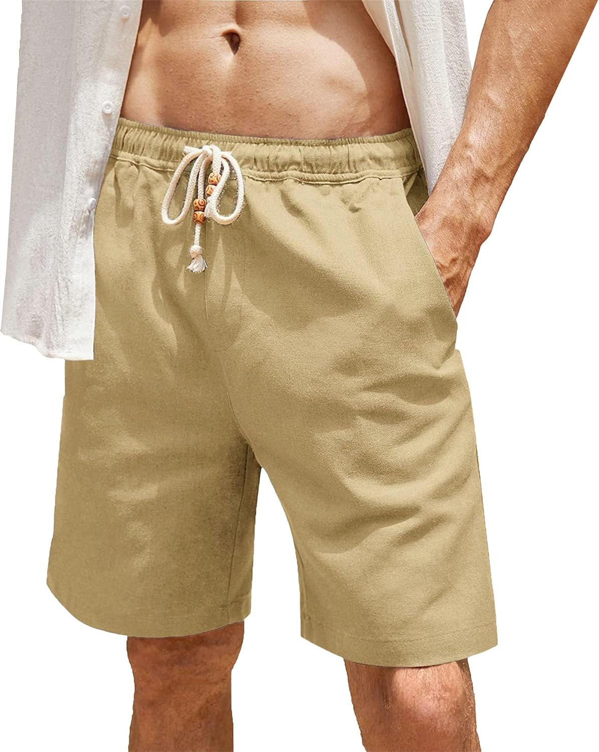 Jeshifangjiusu Mens Linen Casual Short with Trim Drawstring Stretch Summer Beach Shorts Elastic Waist Summer Outdoor Short (Khaki,Xx-Large) image number 2