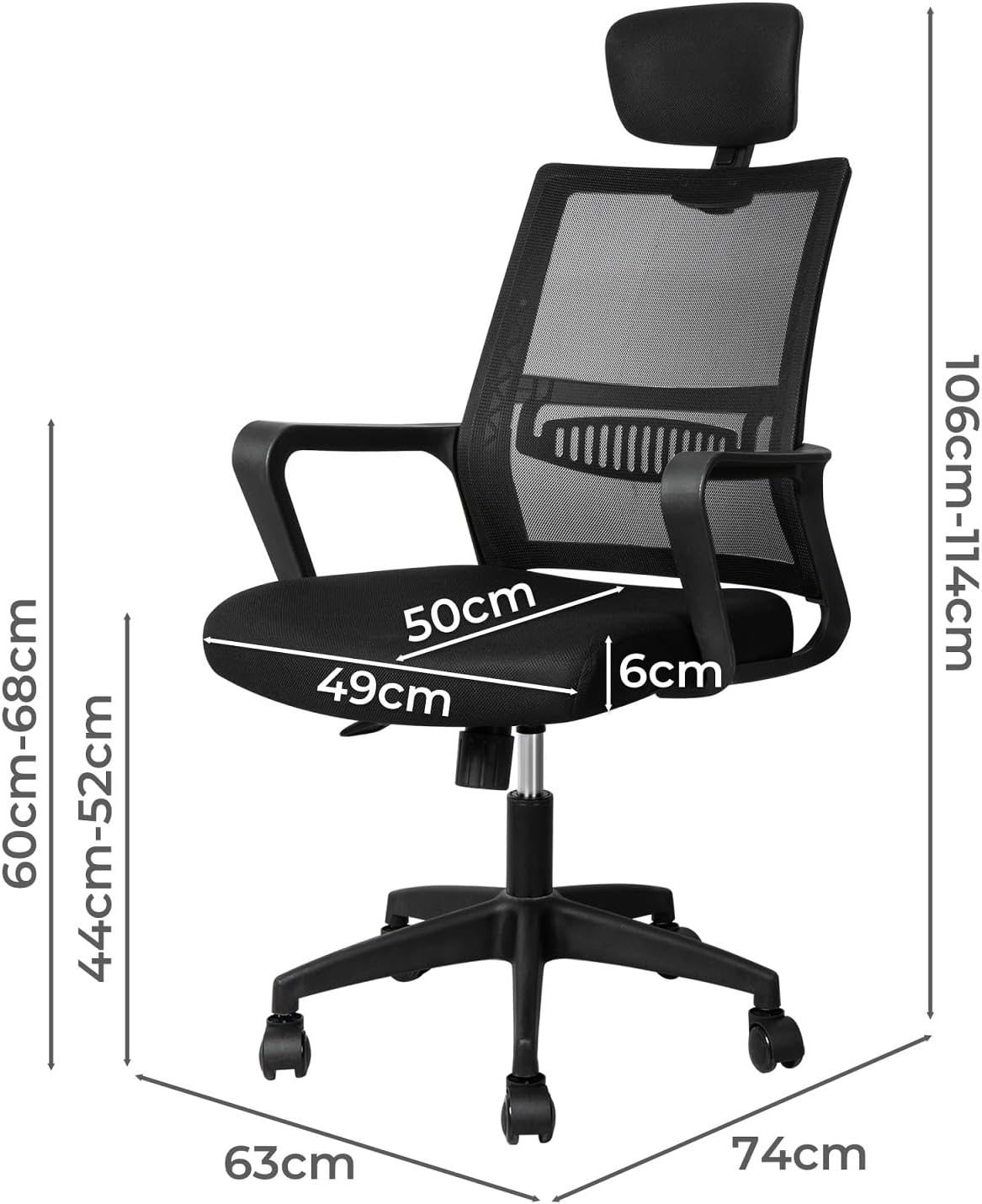 LEVEDE Ergonomic Office Mesh Chair, 44-52Cm Height Adjustable Computer Chair, Swivel Tiltable Desk Chair with Removable Headrest for Studying, Working, Writing, Gaming (Black) image number 5