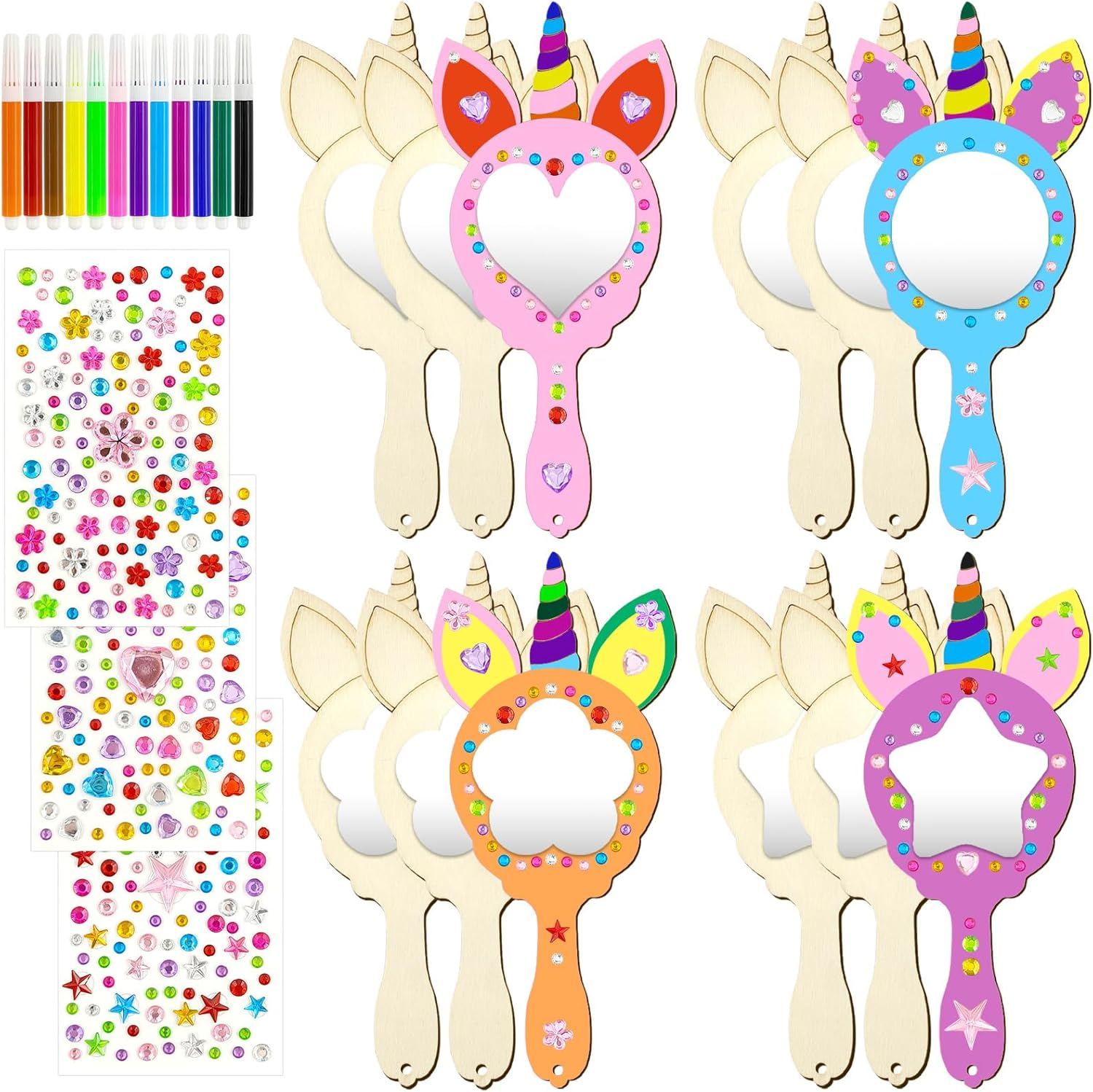 Unicorn Crafts, 27 Pieces DIY Wooden Mirror Craft, Mini Wooden Unicorn Mirror, Wooden Unicorn Mirror, Craft Set Children'S Birthday Unicorn, Wooden Mirror for Painting for DIY Children Painting, Children'S Gift Party image number 1