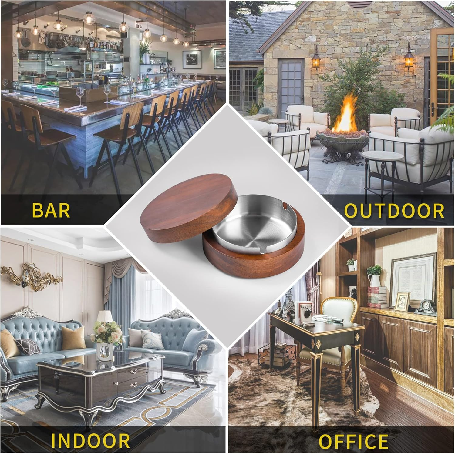 Wooden Ashtray with Lid for Smokers Stainless Steel Liner Ash Tray Windproof Durable Easy to Clean Cool Ashtrays for Indoor or Outdoor Use, Patio, Office & Home image number 2