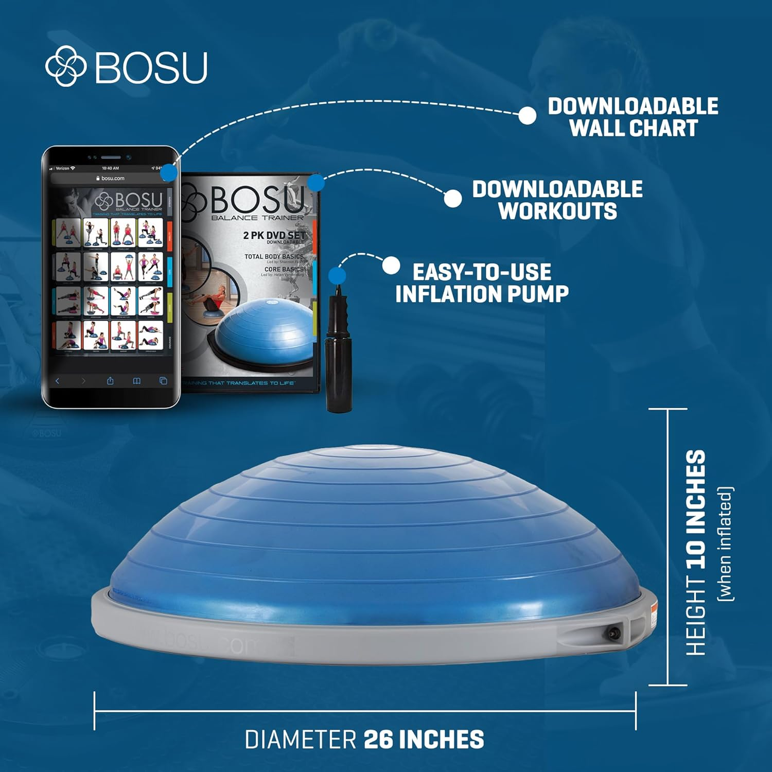 Bosu Pro Multi Functional Home Gym Full Body Balance Strength Trainer Ball Equipment with Guided Workouts and Pump - Blue/Gray image number 2