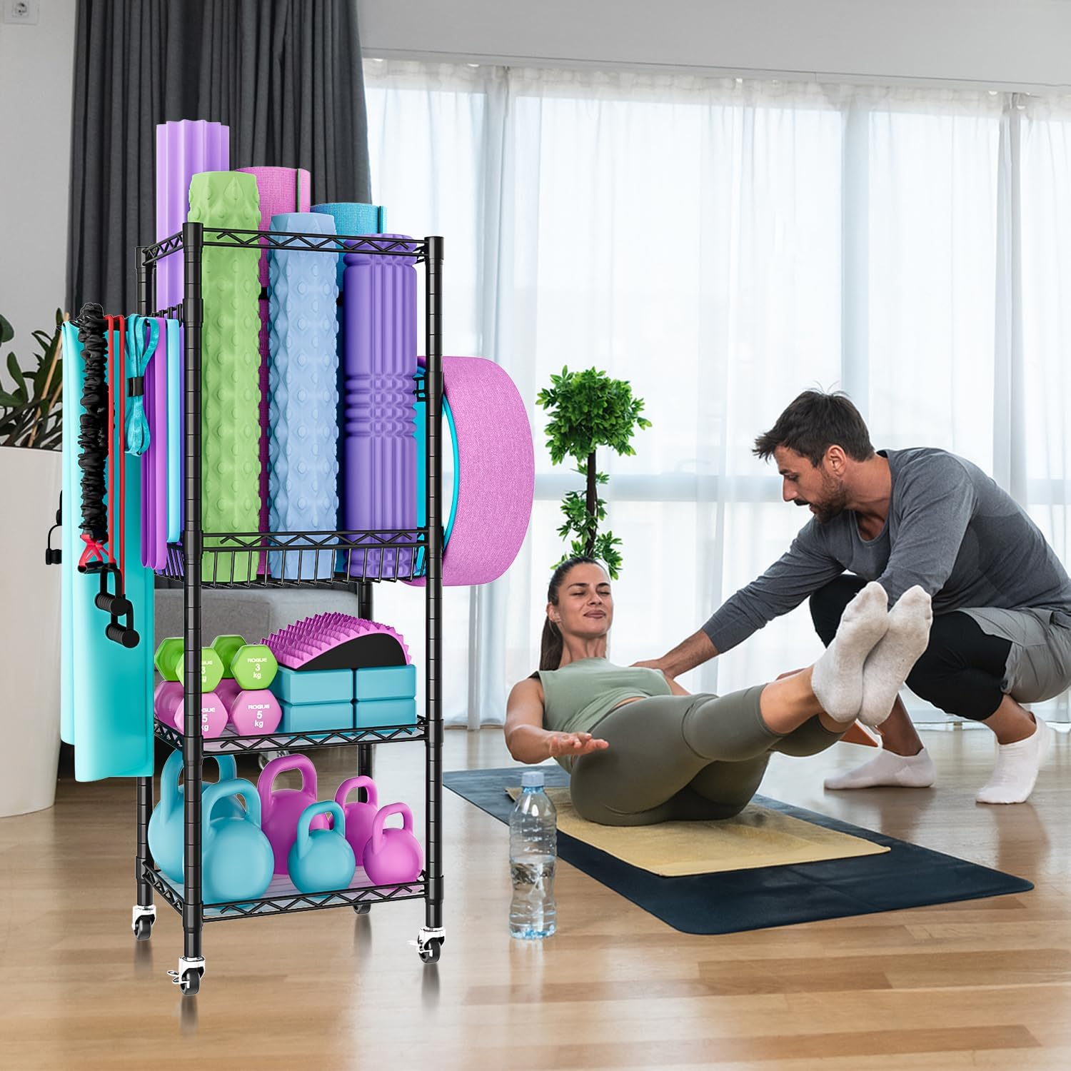 Oscrobie Dumbbell Rack, Home Gym Storage, Yoga Mat Storage Rack, Gym Storage Rack with Wheels and Hooks for Small Space image number 4
