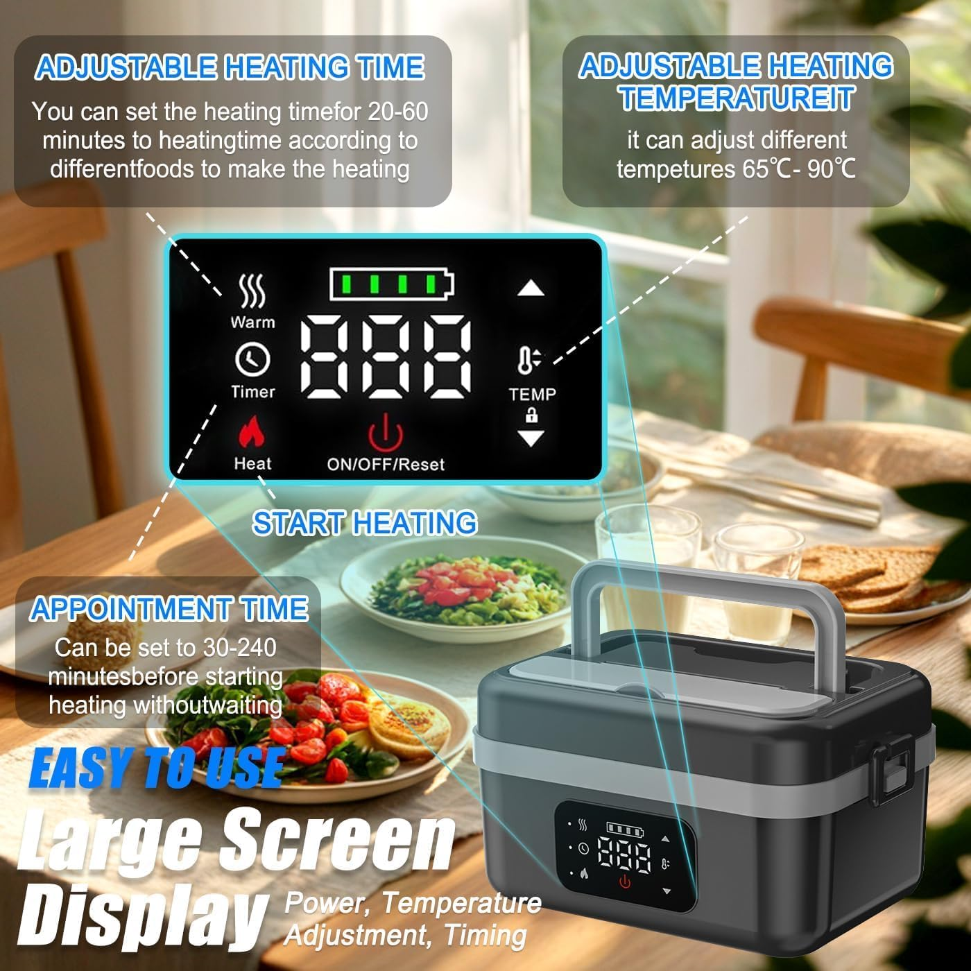 Portable Electric Lunch Box Food Warmer Heater Adult with Fork Spoon Carry Bag, Cordless Waterless Heating, Thermal Stainless Steel Lunch Box Insulated, Bento Lunchbox
