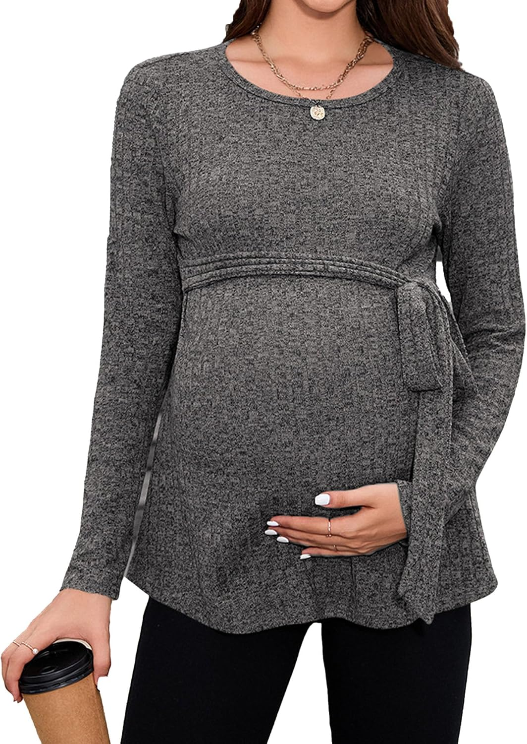Stylish Maternity Top, Long Sleeves, Waist Tie, Ideal for Expecting Moms, Various Styles