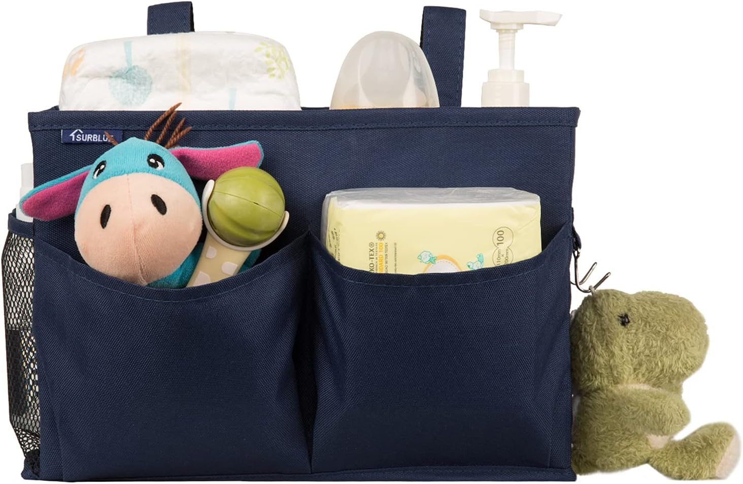 Surblue Bedside Caddy Hanging Bed Organizer Storage Bag Pocket for Bunk and Hospital Beds, College Dorm Rooms Baby Bed Rails, Camp 4 Pockets and 2 Hooks (Blue)