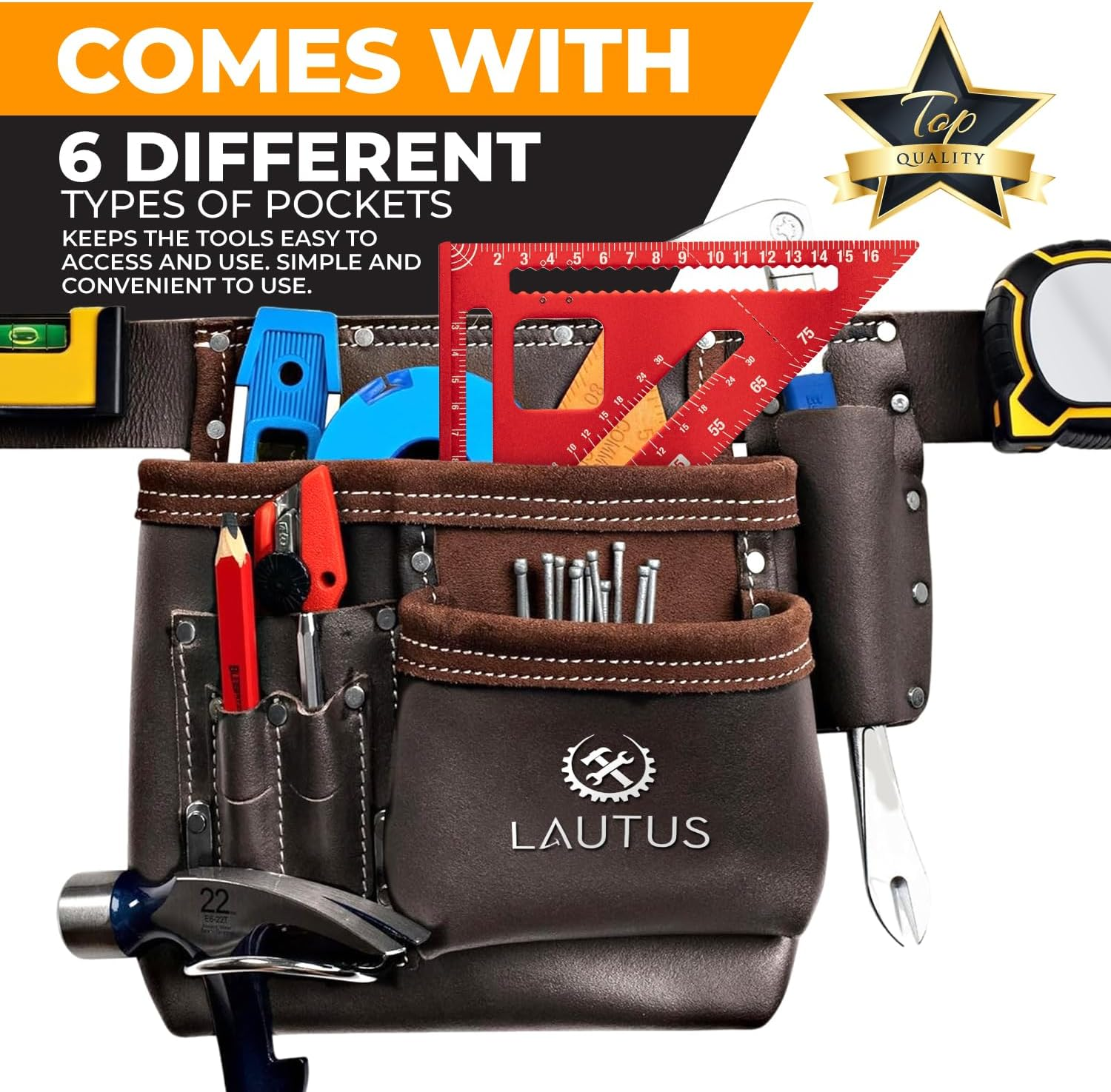 LAUTUS 5 Pocket Oil Tanned Tool Belt/Pouch/Bag/Apron Carpenter, Construction, Framers, Handyman, Electrician | 32-Inch to 46-Inch | Brown| Hammer Holder| Built Tough| image number 2