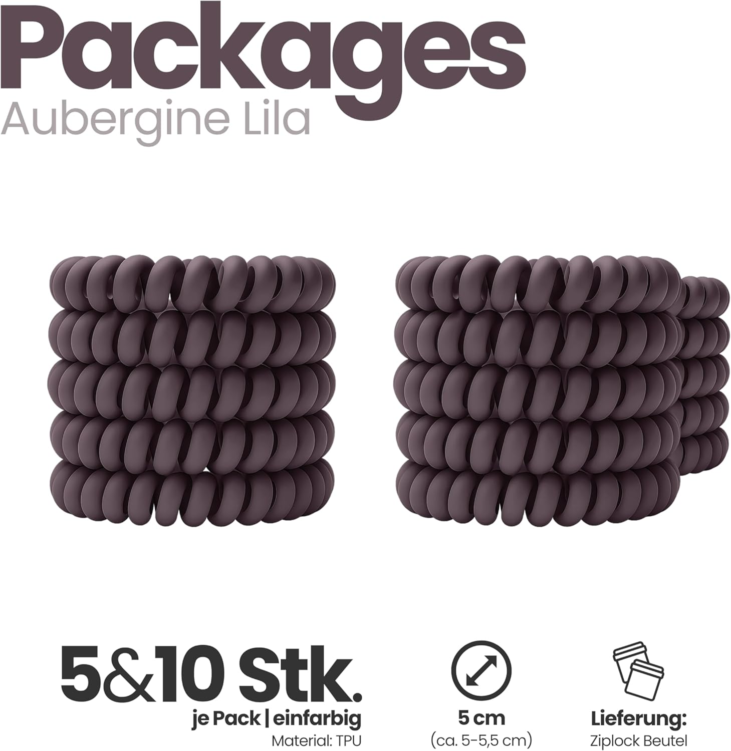 Specora Spiral Hair Scrunchies Aubergine Pack of 10-5 Cm - TPU - Telephone Cable Scrunchie - No Pulling & Tangling - Elastic, No Imprint, Gentle on Hair image number 5