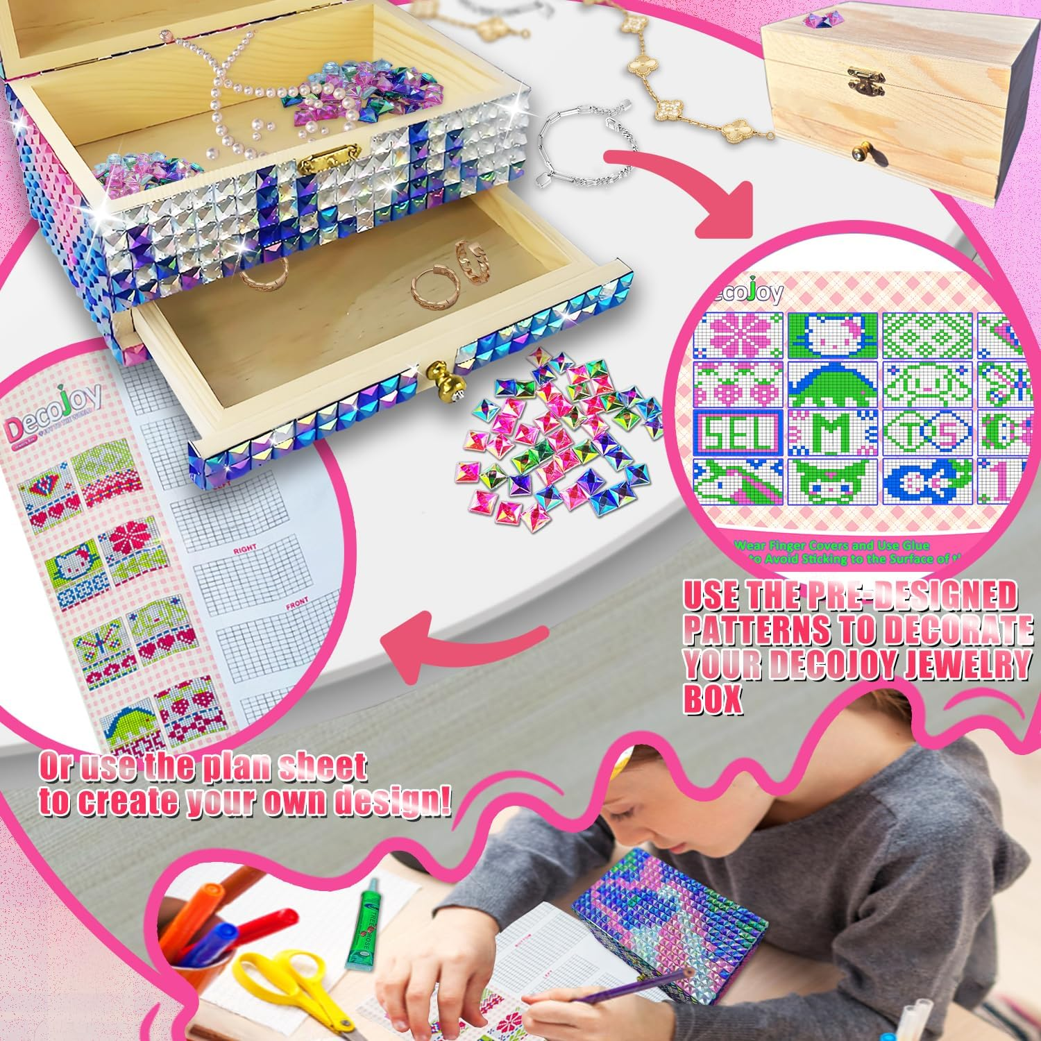 DECOJOY DIY Jewelry Box for Girls 8-12 Yrs Old, Ages 6 7 8 9 10 Year Old Girl Birthday Gift Idea, Christmas Crafts for Girls 8-10, Diamond Arts Gem Boxes Kit and Crafts for Kids, Teens