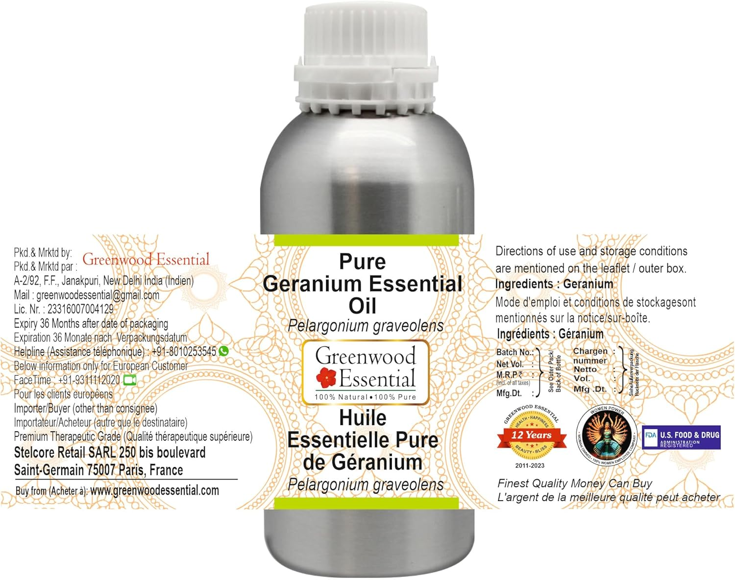 Greenwood Essential Pure Geranium Essential Oil (Pelargonium Graveolens) Steam Distilled for Personal Care 300Ml (10Oz) image number 4