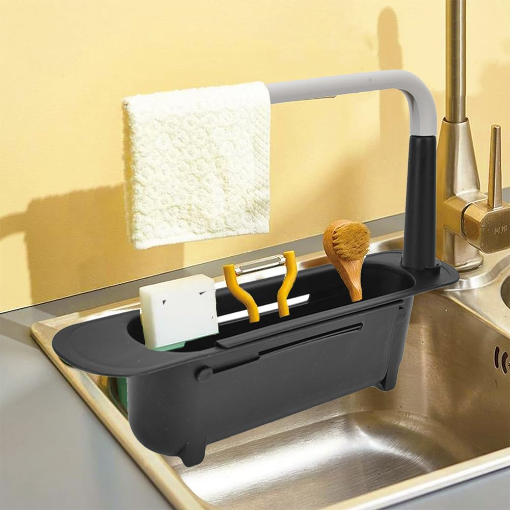 Telescopic Sink Storage Rack, Expandable Utility Farmhouse Accessories Sink Multifunctional Updated Adjustable Rollable Sponge Holder for Kitchen Dishes Cups Fruits(Black) image number 4