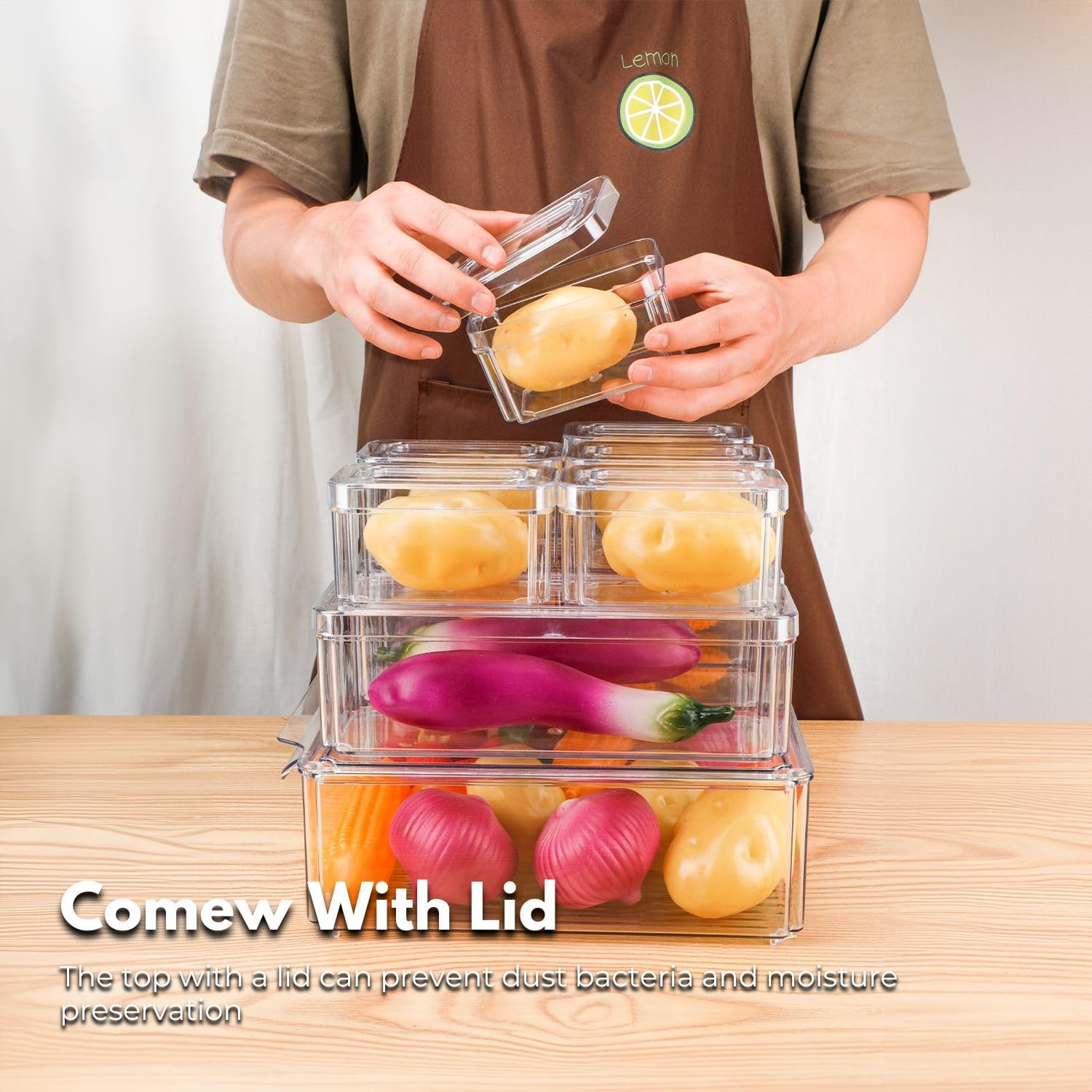 Gominimo 10 Pack Clear Stackable Fridge Organiser Bins with Lids, Anti-Slip Design, Versatile Sizing, Moisture-Resistant with Lids, Keep Food Fresh and Tidy, Transparent image number 5