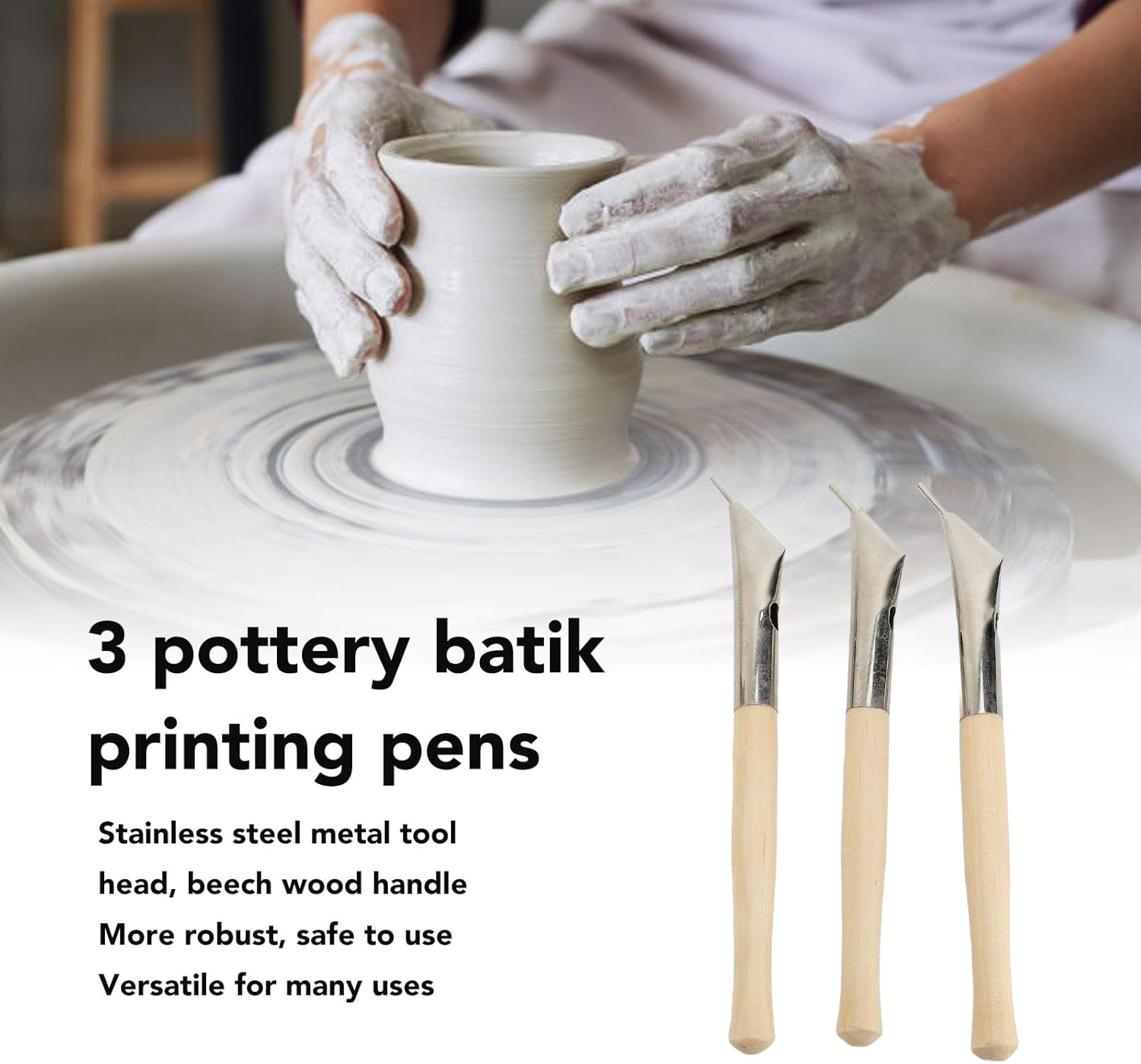 3PCS Batik Printing Pen, Clay Carving Tools Stainless Steel Wooden Handle for Drawing on Fabric Cloth Crafts Pottery, Art Tool with Multiple Functions, Great Art Supplies