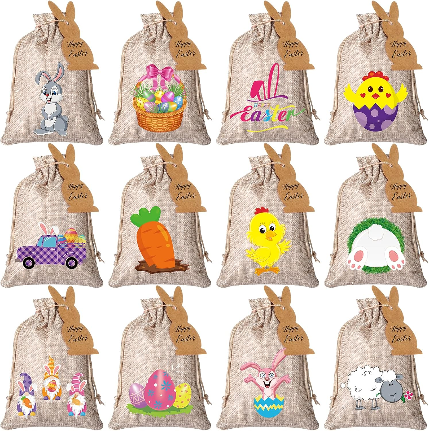24 Pcs Easter Burlap Drawstring Bags Easter Burlap Bags with Drawstrings Bunny Linen Goody Gift Bags with Double Jute Drawstrings Easter Bags Burlap Easter Bunny Bags for Easter Party (Bright Style)