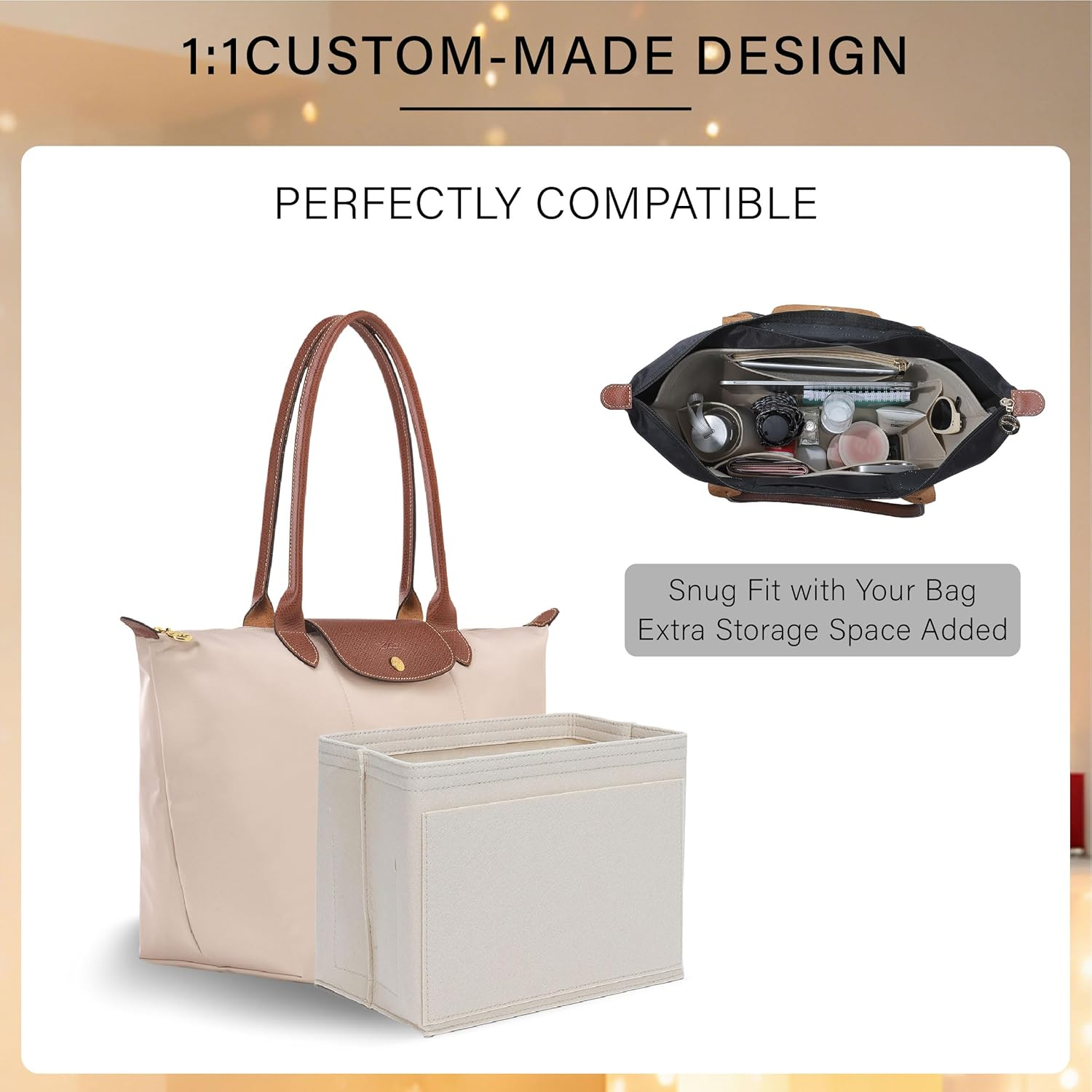 Oaikor Premium Felt Purse Organizer Insert for Longchamp Le Pliage S Handbag,Zipper Small Handbag Organizer with Cup Holder,Bags Storage Divider with 8 Upgraded Deepened Compartments,S/Beige image number 6