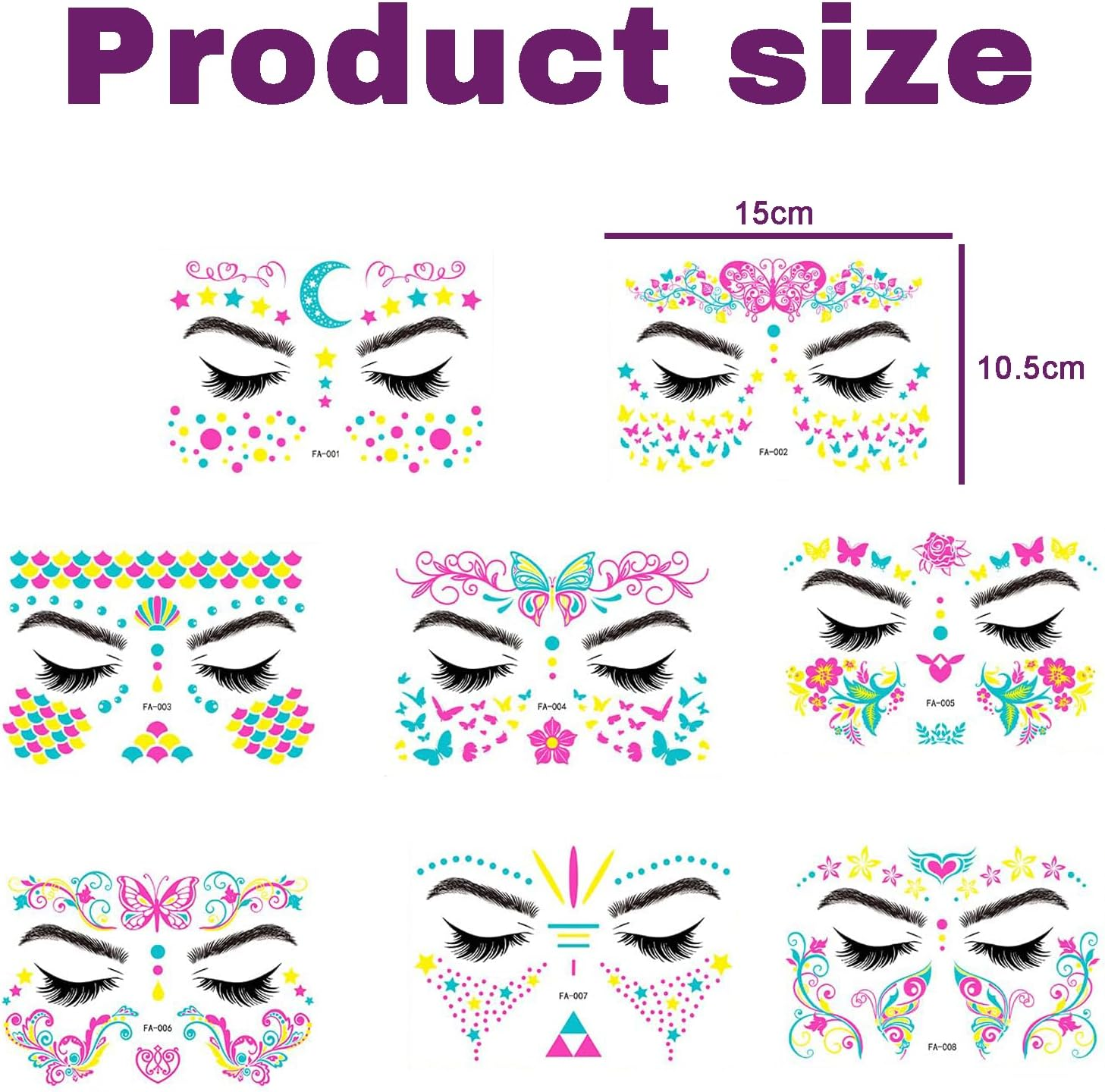 Glow in the Dark Fake Tattoos Stickers, UV Blacklight Neon Temporary Tattoos Stickers, UV Neon Fluorescence Waterproof Makeup Accessory Party Supplies for Adult Girls Women at Glow Party, Rave Festival, 8 PCS image number 4