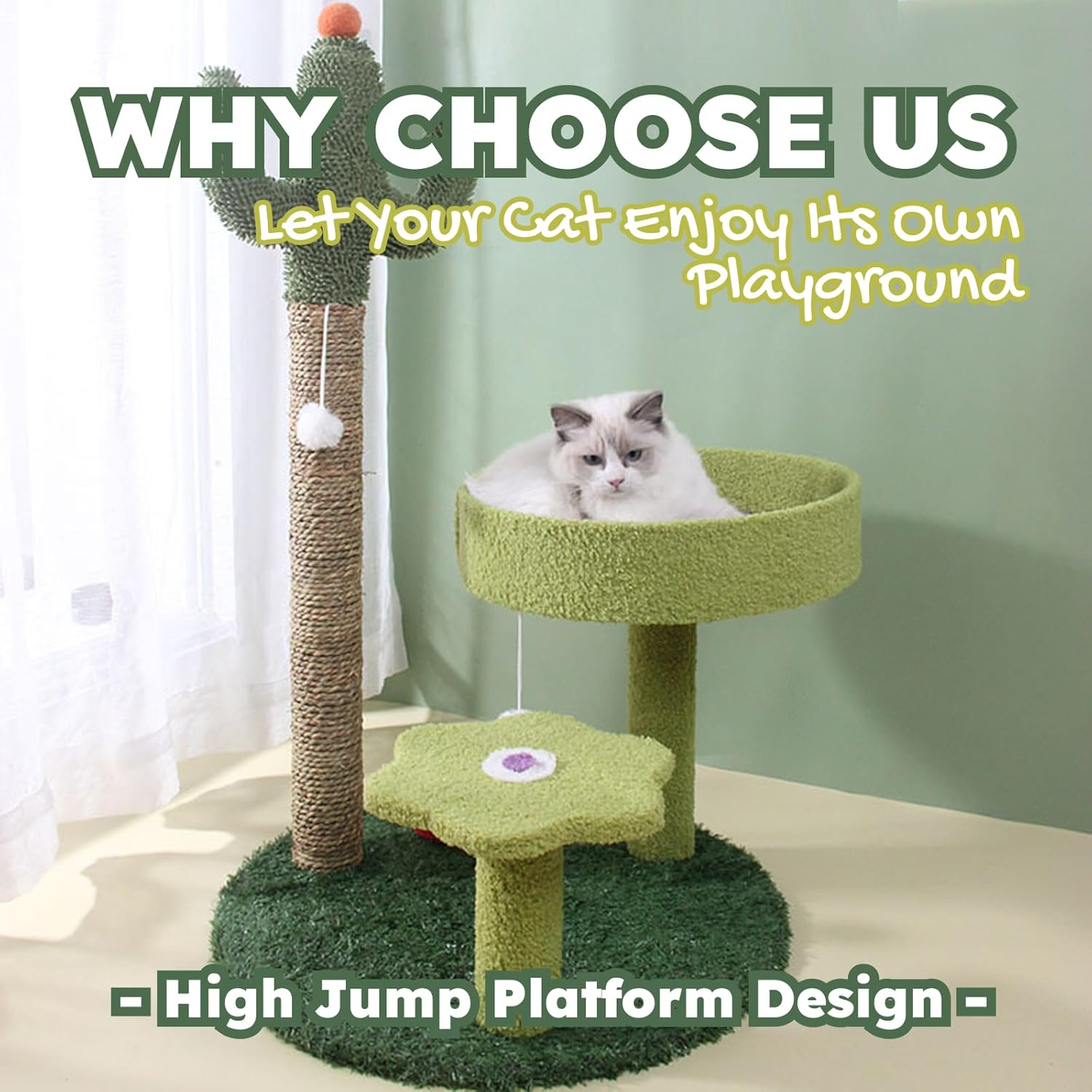 Cactus Cat Tree - Cute Cat Tower with Sisal Scratching Post, Plush Perches, and Play Platforms, Fun Cat Activity Tower for Kittens, Small Cats, 70Cm Tall image number 4