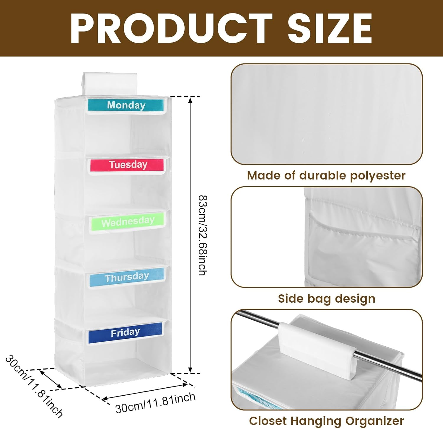 Weekly Clothes Organizer for Kids - 5 Shelf Hanging Closet Organizer, Polyester Daily Cube for Hats, T-Shirts, Bags, Towels (White) image number 3