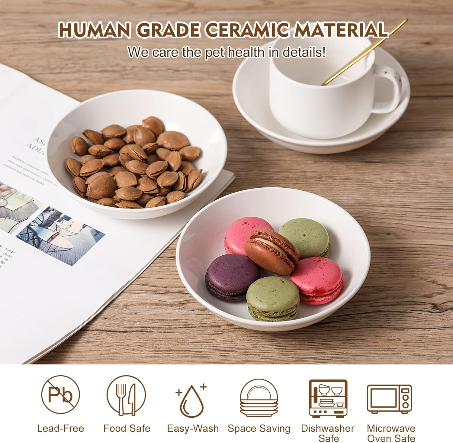 Ceramic Cat Food Bowl Set - Wide Shallow Cat Bowl for Whisker Fatigue Relief - Cute Cat Feeding Bowls - Flat Cat Dish - Cat Plates - Microwave and Dishwasher Safe - 6 Pack - 8.5 Oz - 5.75 Inch - White - Single Color image number 3