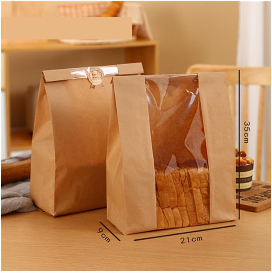 50PCS Paper Bread Bags, CAASFOOY Large Kraft Homemade Bread Sourdough Bags Kraft Paper Bakery Bags with Window,For Bread, Sandwiches, Coffee Beans (35 * 21 * 9Cm)