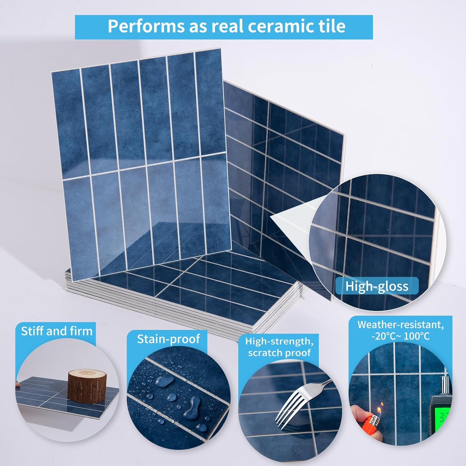 Art3D 10-Sheet Faux Marble Peel and Stick Backsplash Tile for Kitchen Wall Bathroom Countertops, 29X23 CM Stick-On Glazed-Ceramic Finish Resist to Water, Heat and Scratches, Blue image number 6