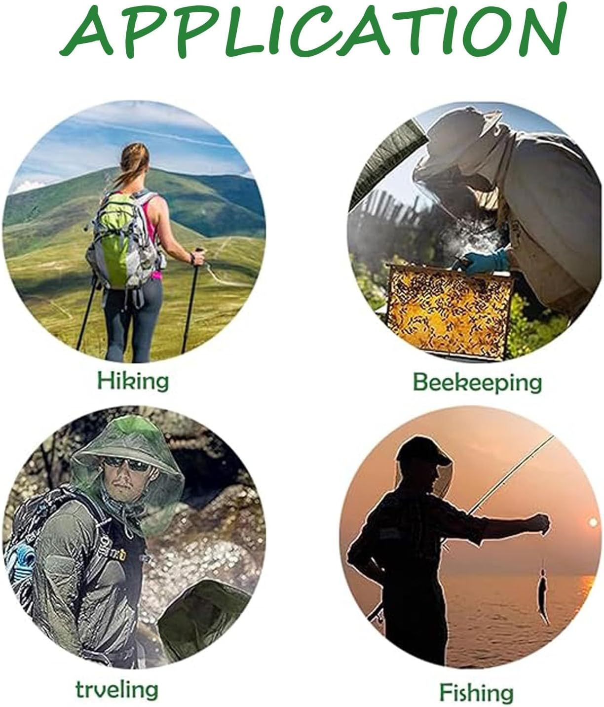 2 PCS Mosquito Head Net Mesh with Drawstring,Mosquito Net Hat Bug Net Face Neck Cover, Outdoor Hiking Camping Climbing Mosquito Fly Insects Bugs Preventing,Universal Size (Green & Black) image number 3