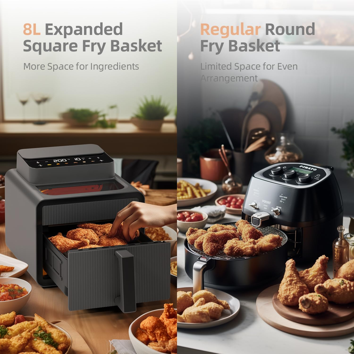 PAYISHO Air Fryer Oven 8L Capacity 10-In-1 with Viewing Window, Timer and Temp(60&deg;C-200&deg;C),Oil Free,Non-Stick, Bake, Roast, Grill,Reheat,1600W, Dishwasher Safe Basket,Gray image number 3