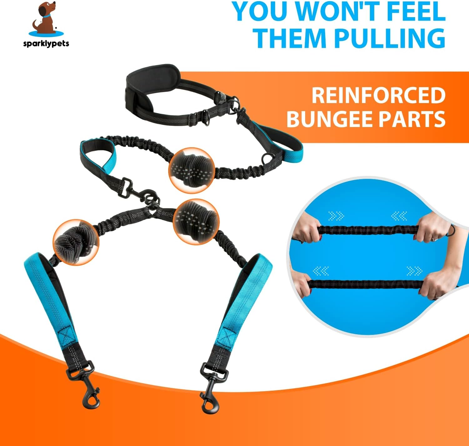 Sparklypets Hands Free Double Dog Leash &ndash; Dual Dog Leash for Medium and Large Dogs &ndash; Dog Leash for 2 Dogs with Padded Handles, Reflective Stitches, No Pull, Tangle Free Blue image number 2